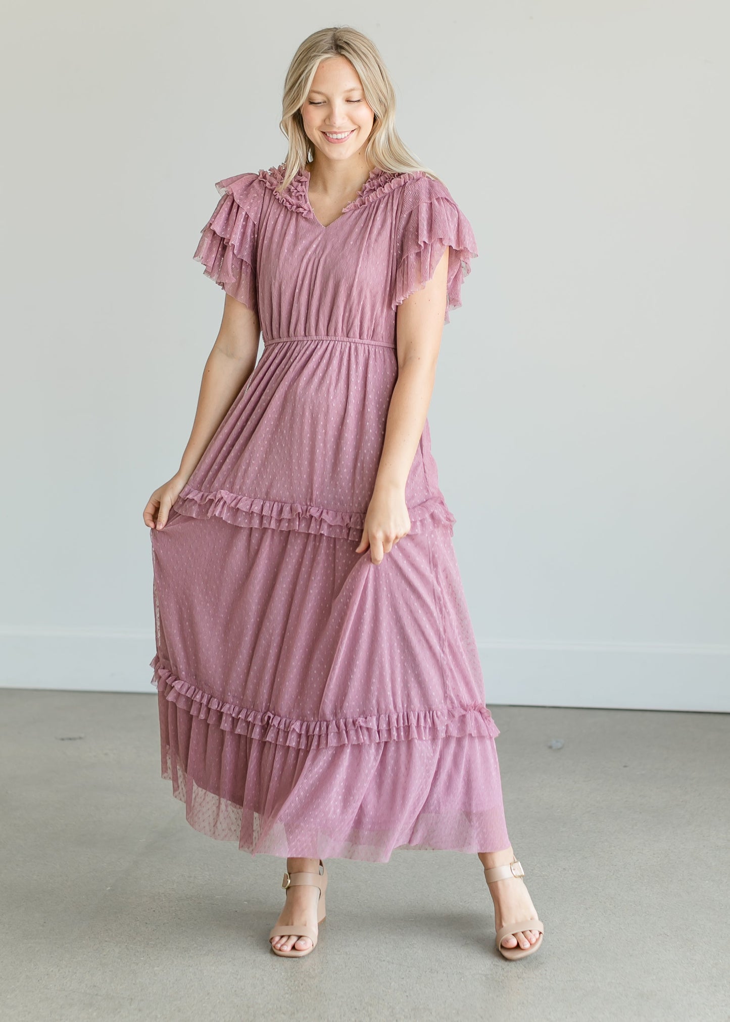 Tulle Tiered Ruffle Midi Dress Dresses Mauve / S