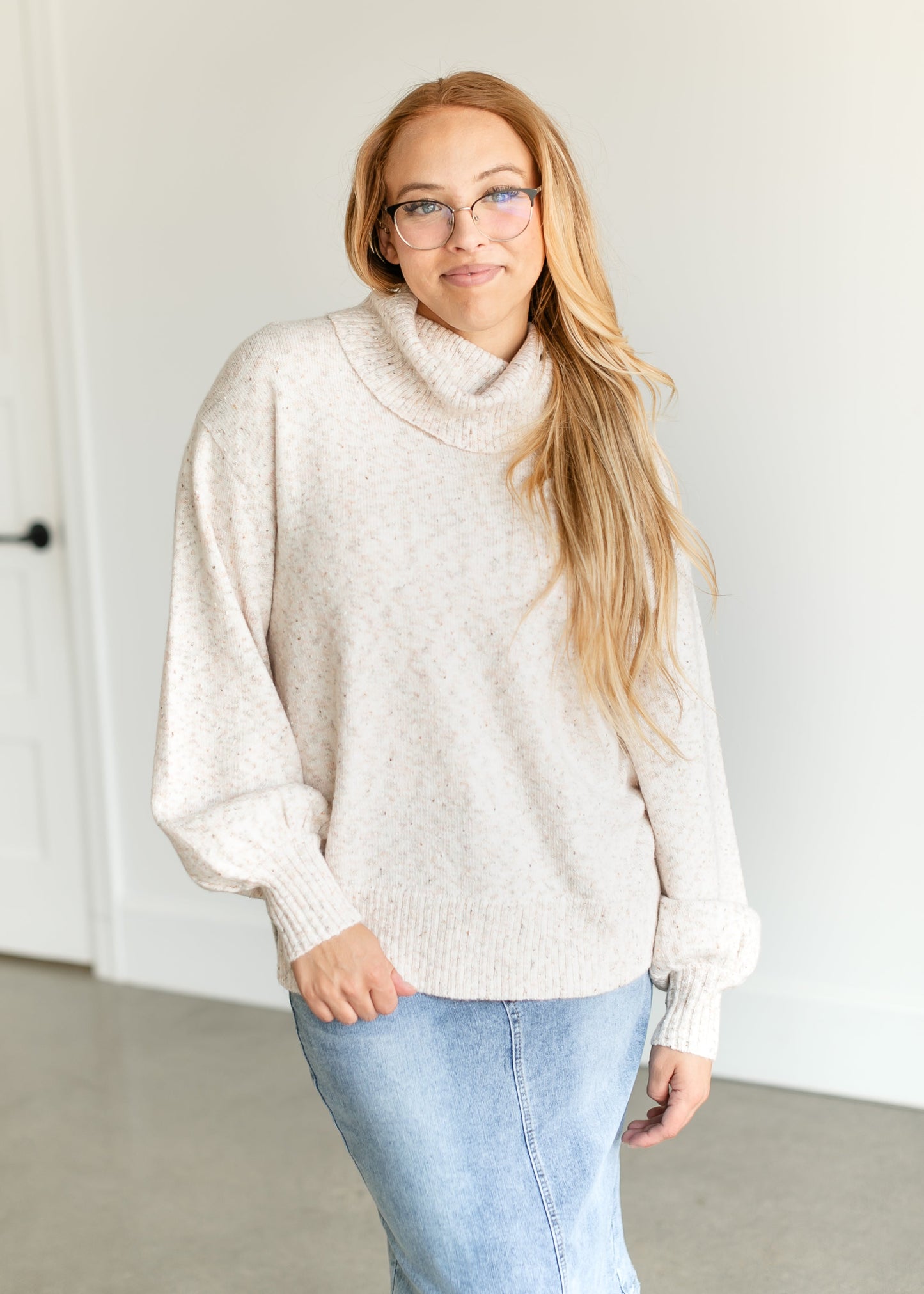Turtleneck Balloon Sleeve Pullover Sweater FF Tops