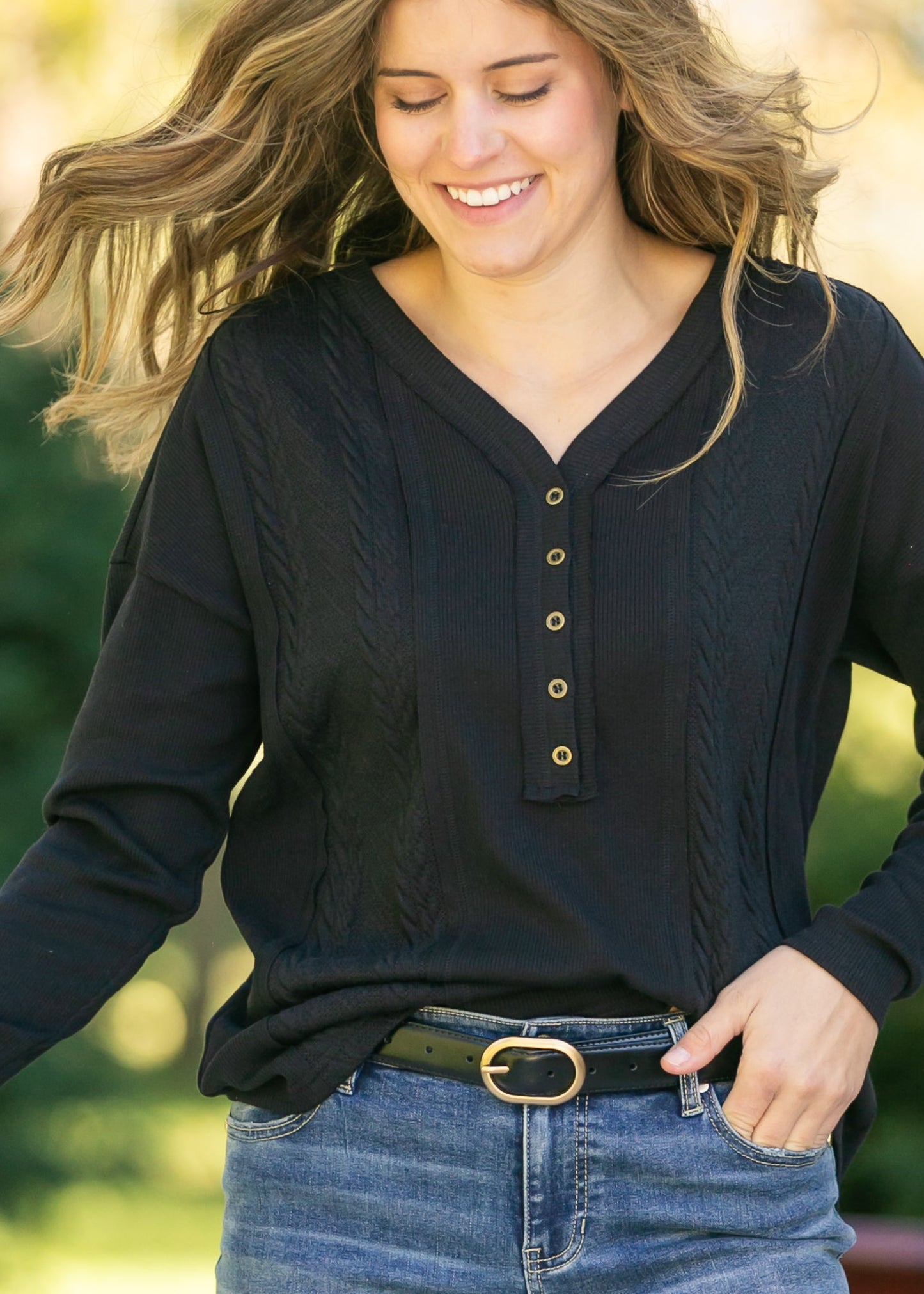 V-Neck Button Down Henley Knit Top FF Tops