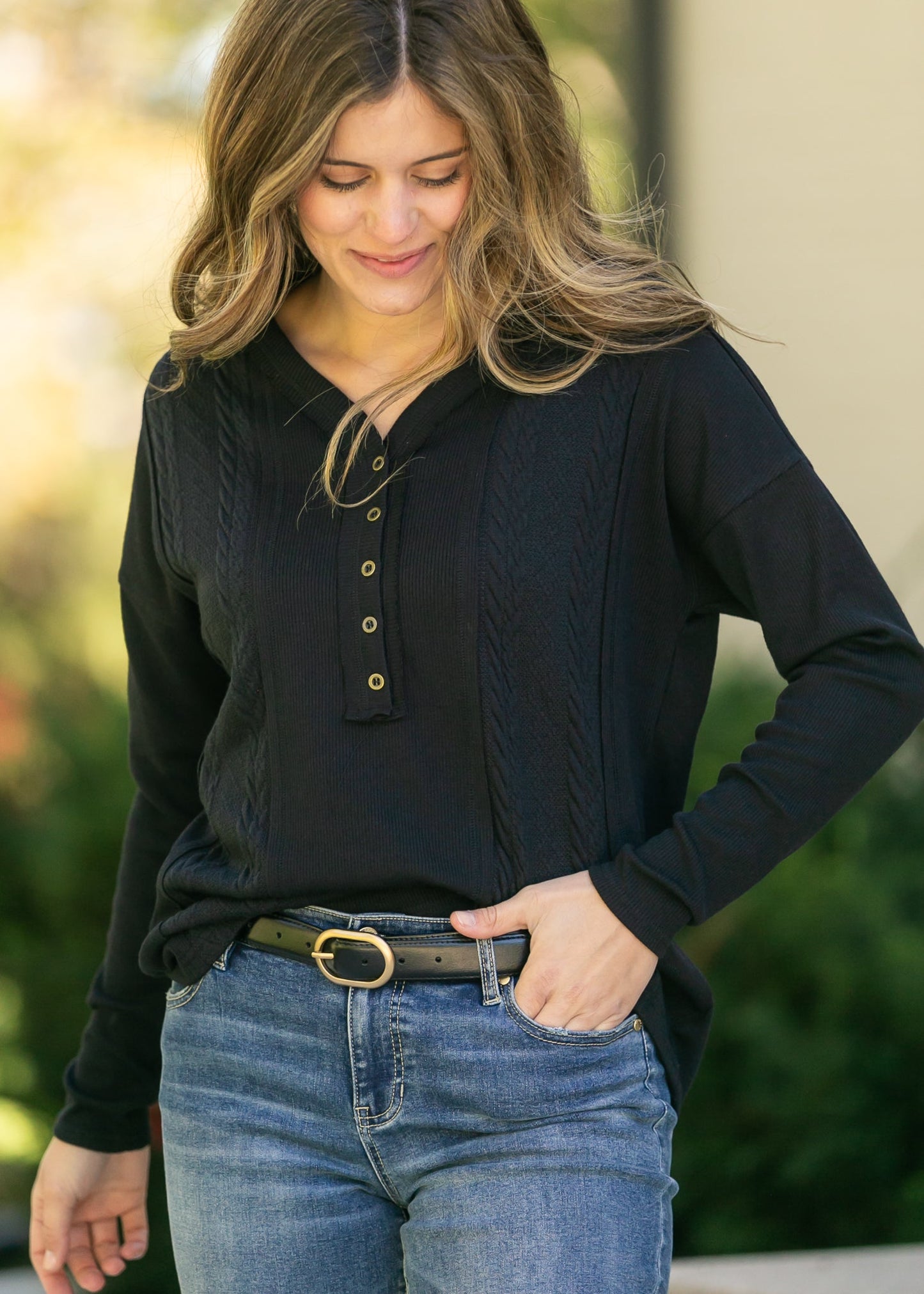 V-Neck Button Down Henley Knit Top FF Tops