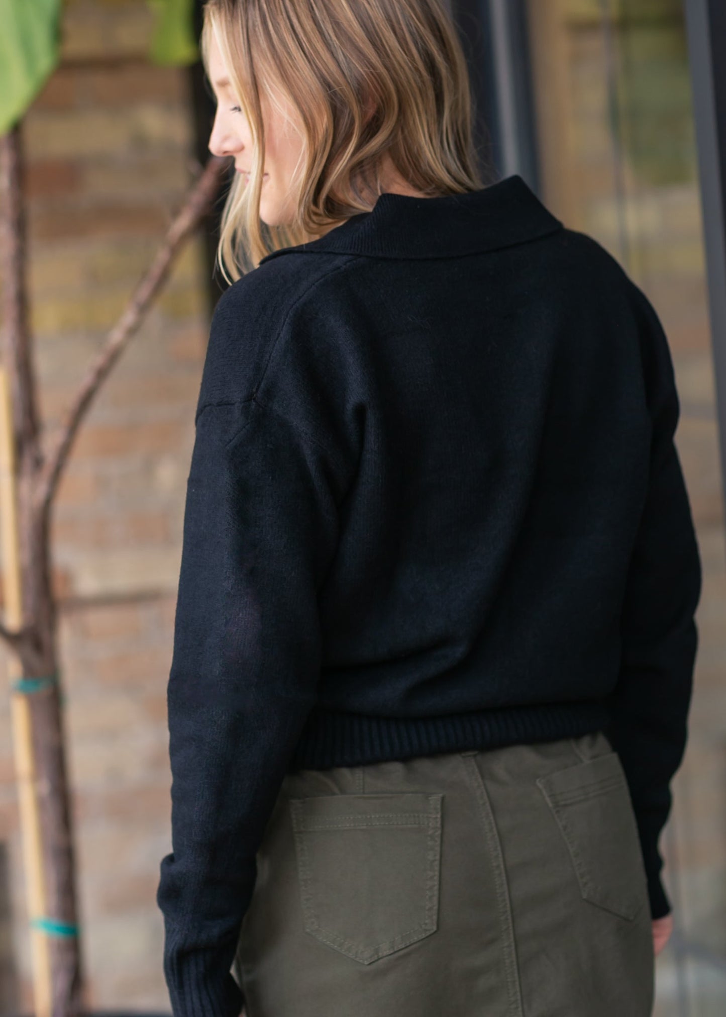 V-neck Collared Black Sweater FF Tops