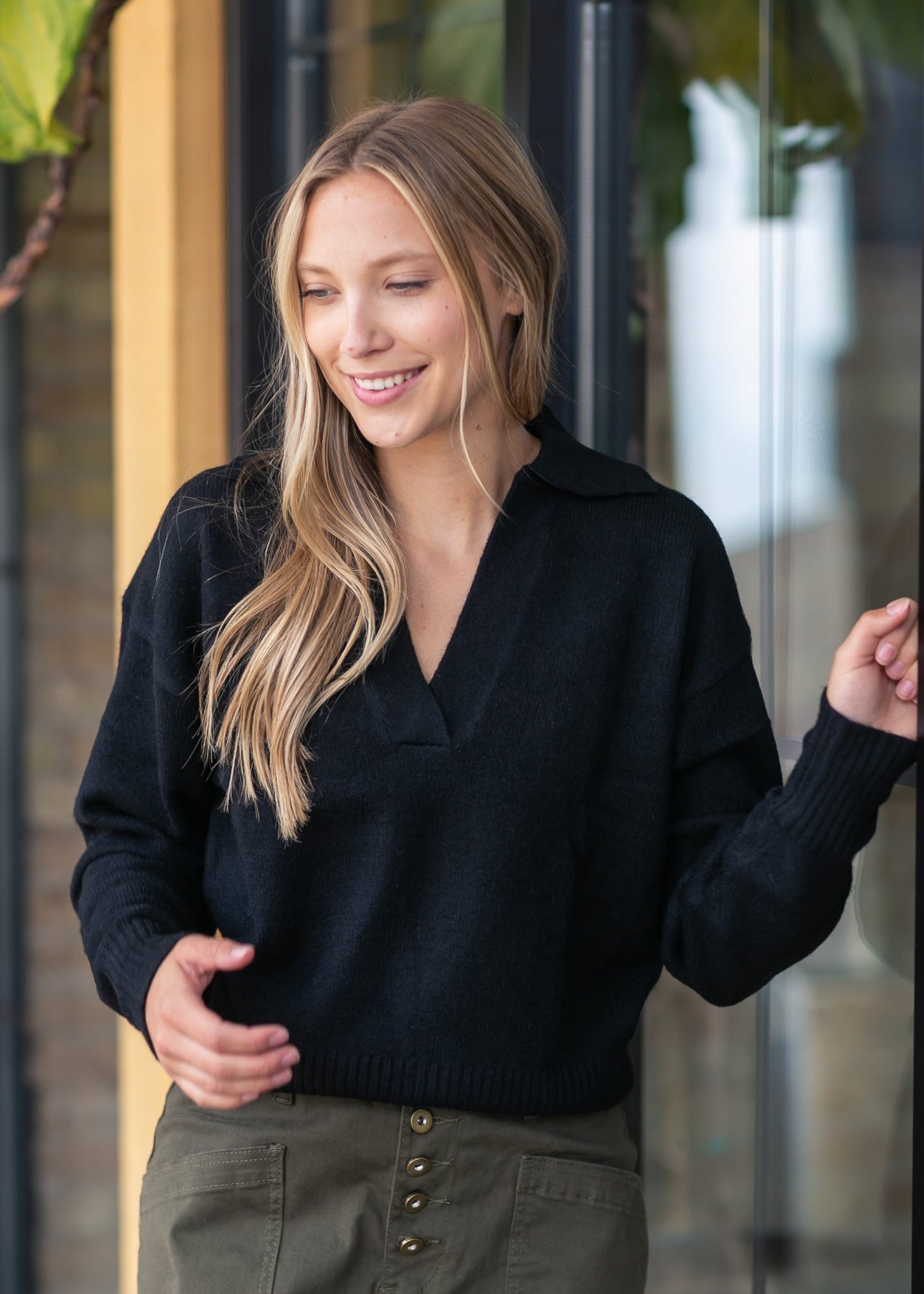 V-neck Collared Black Sweater FF Tops