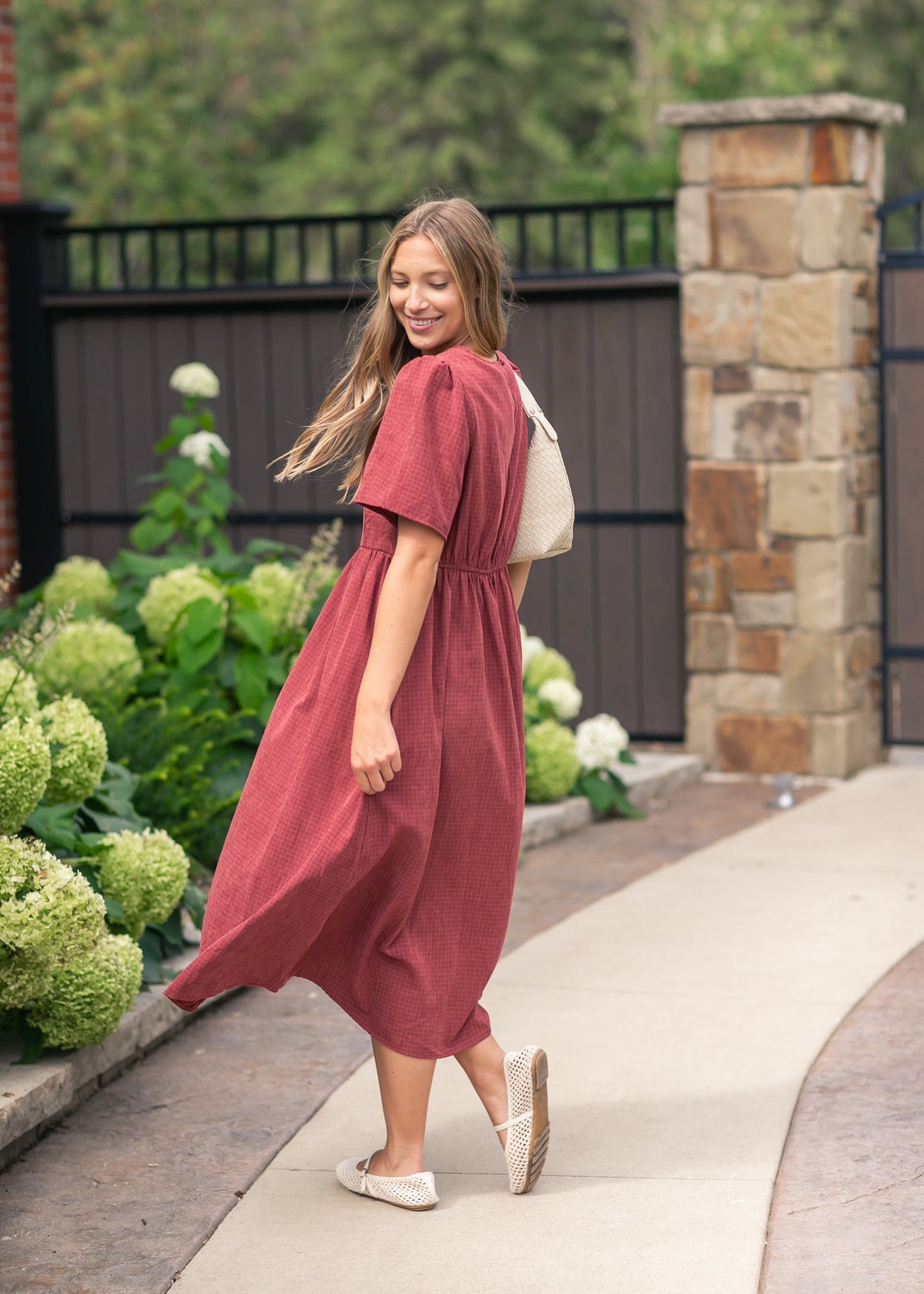 V-neck Gingham Maroon Dress FF Dresses