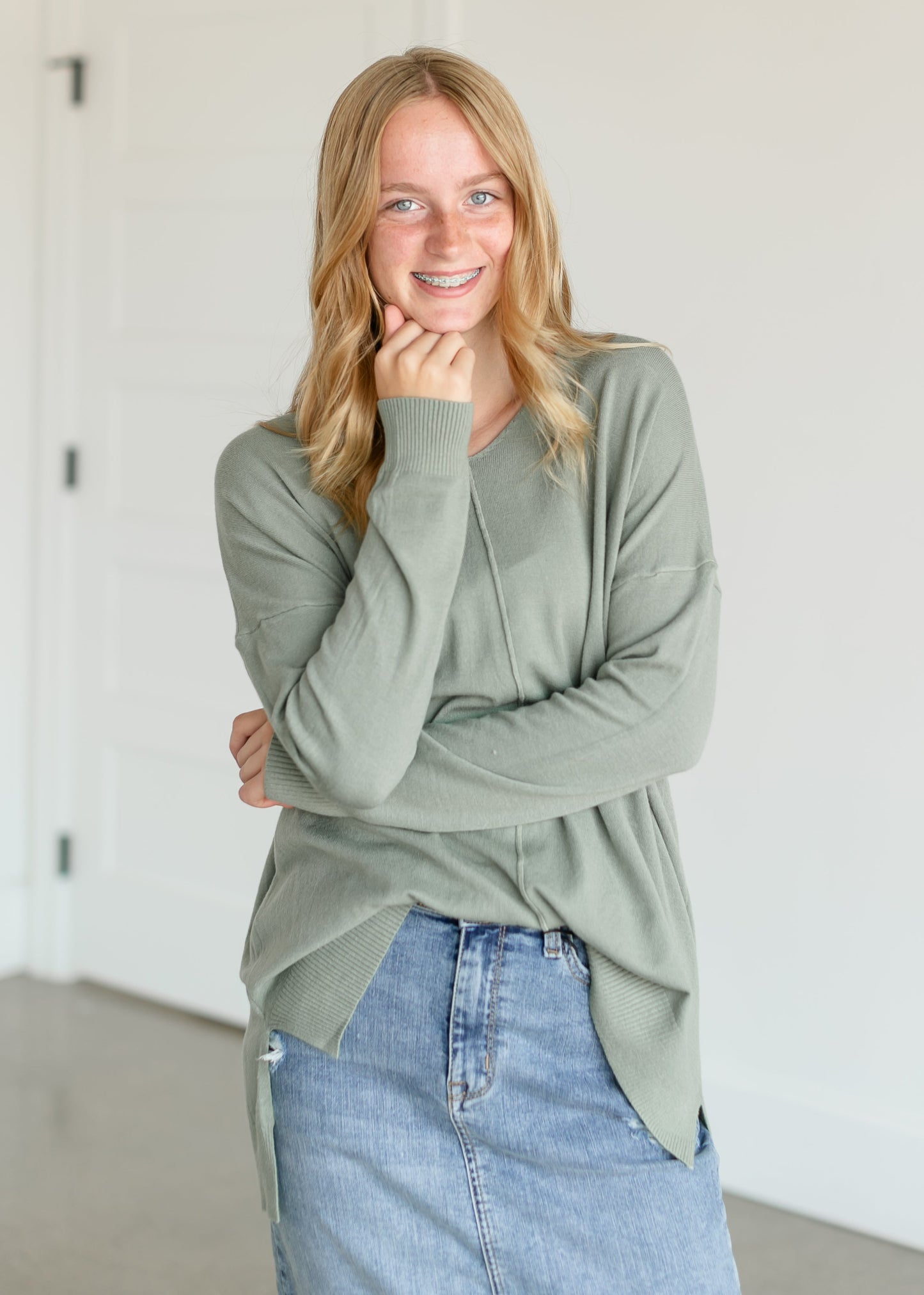 V-neck Lightweight Knit Top FF Tops Sage / S