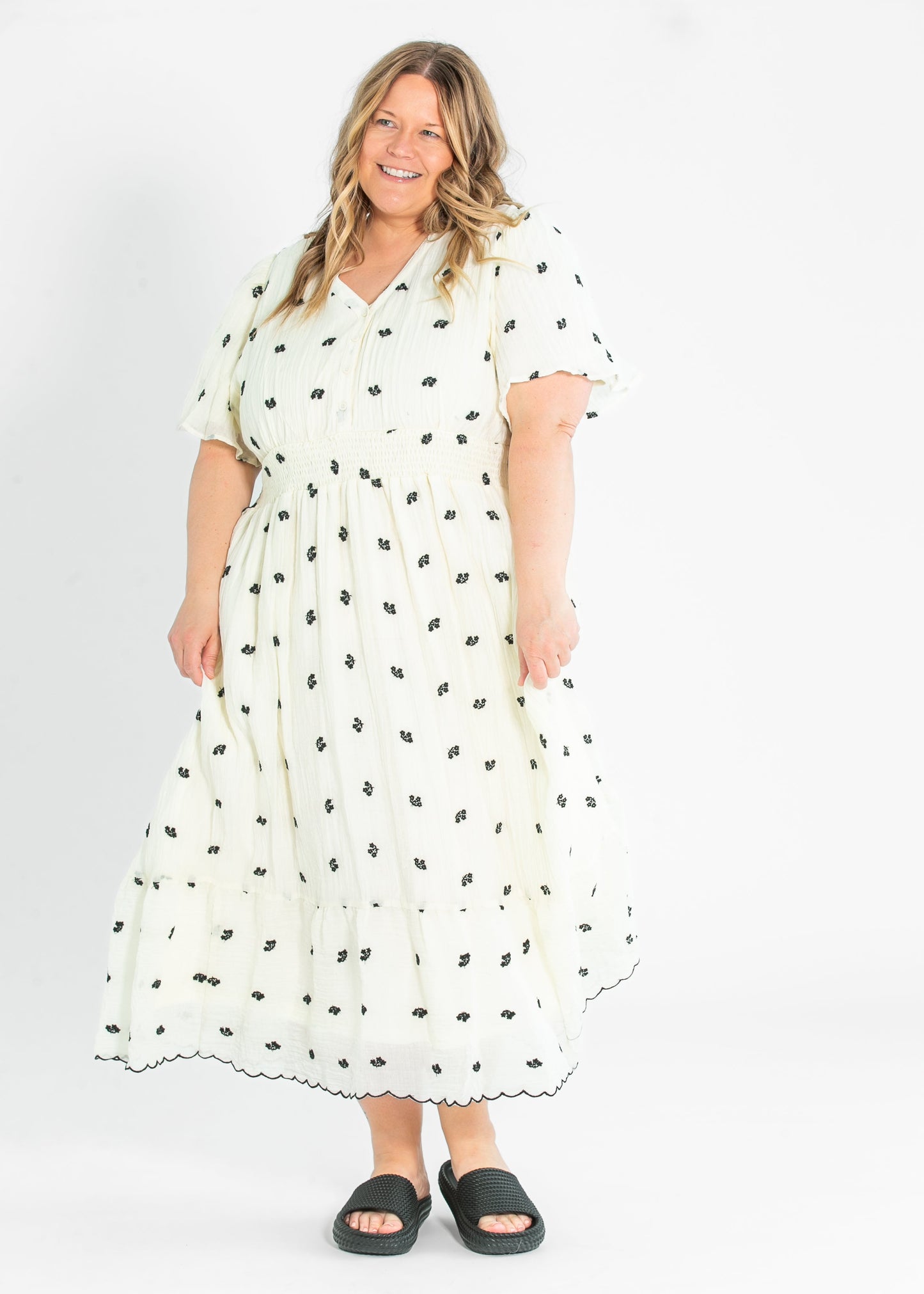 V-neck Printed Embroidered Midi Dress FF Dresses