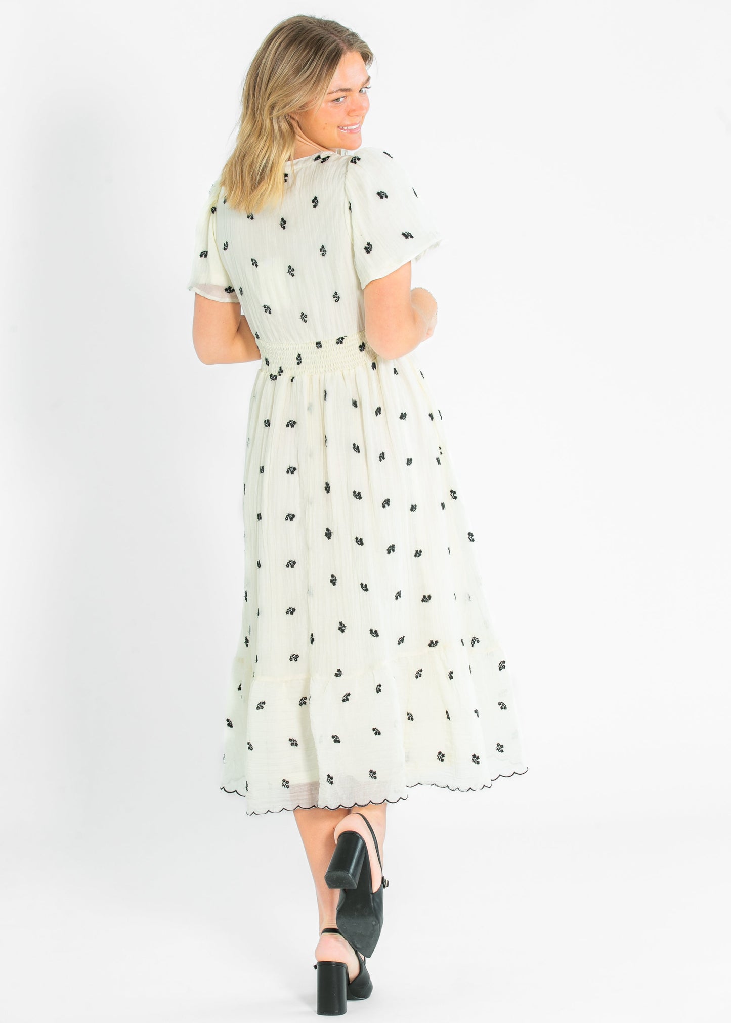 V-neck Printed Embroidered Midi Dress FF Dresses
