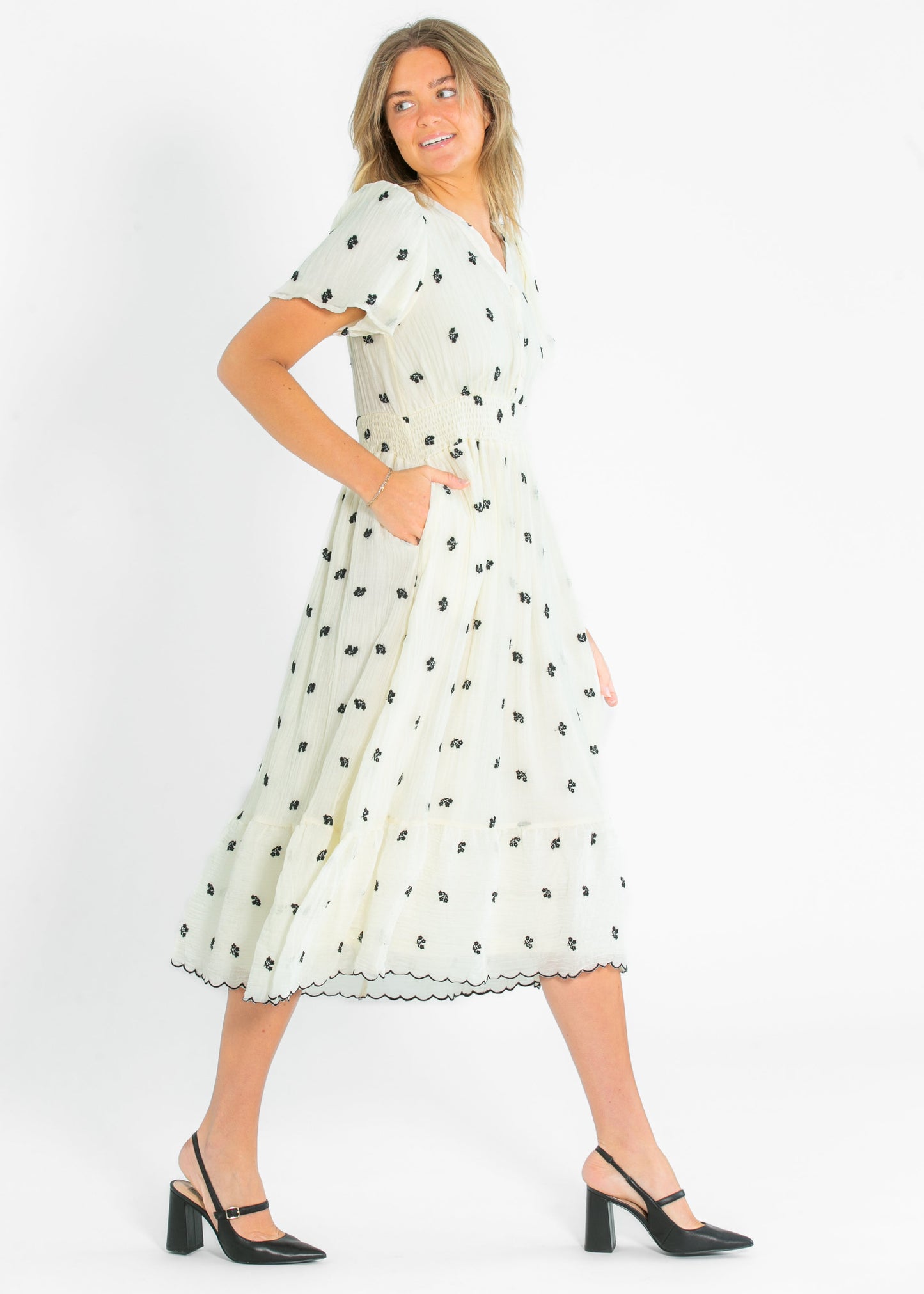 V-neck Printed Embroidered Midi Dress FF Dresses