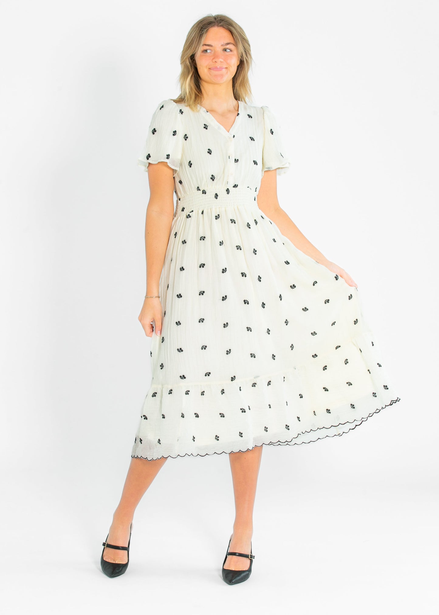 V-neck Printed Embroidered Midi Dress FF Dresses