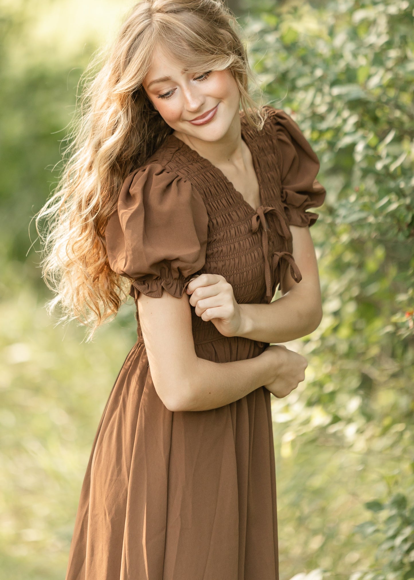V-neck Smocked Front Tie Midi Dress FF Dresses