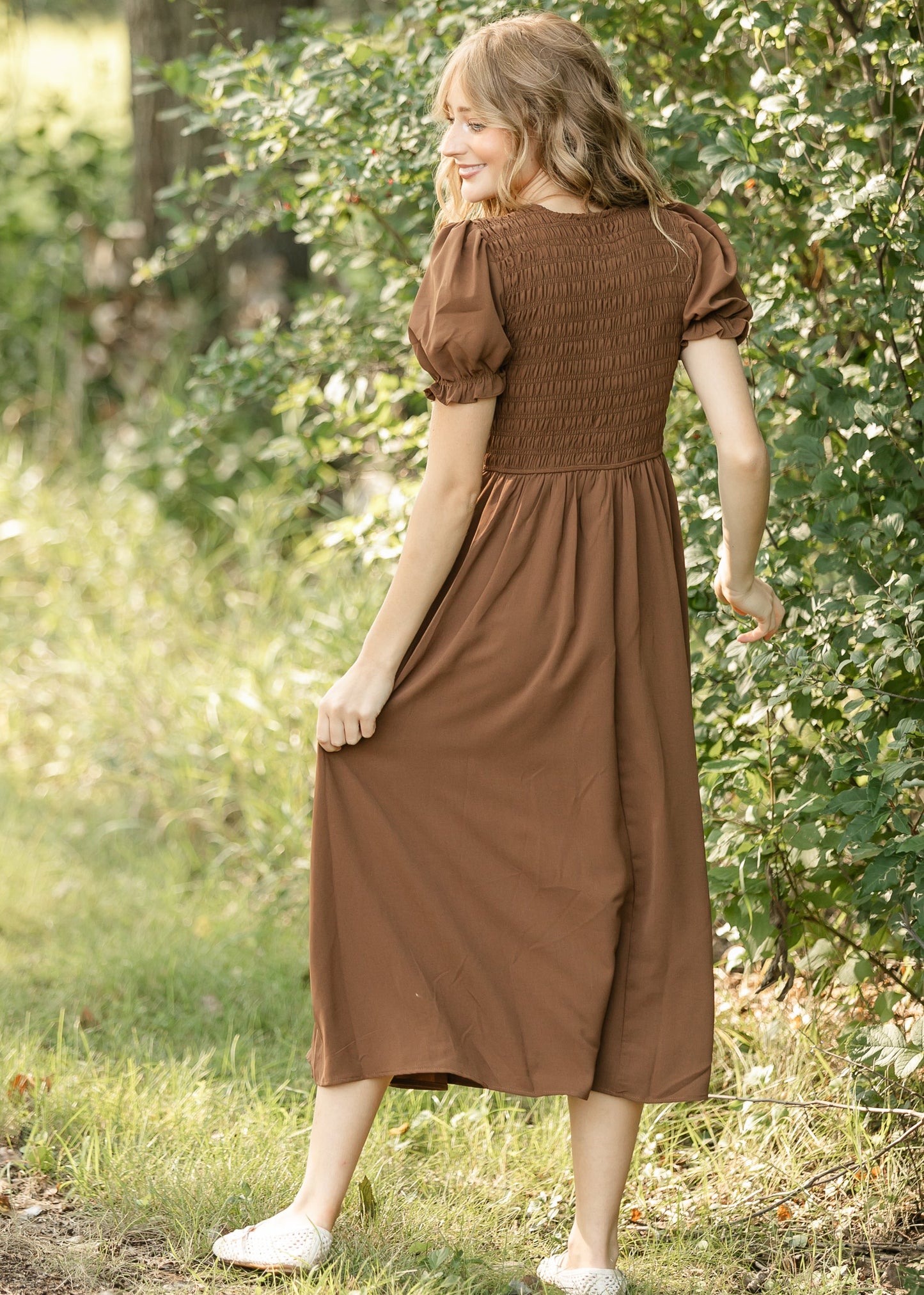 V-neck Smocked Front Tie Midi Dress FF Dresses