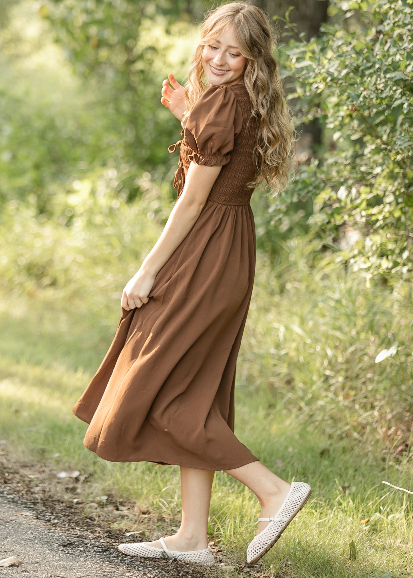 V-neck Smocked Front Tie Midi Dress FF Dresses