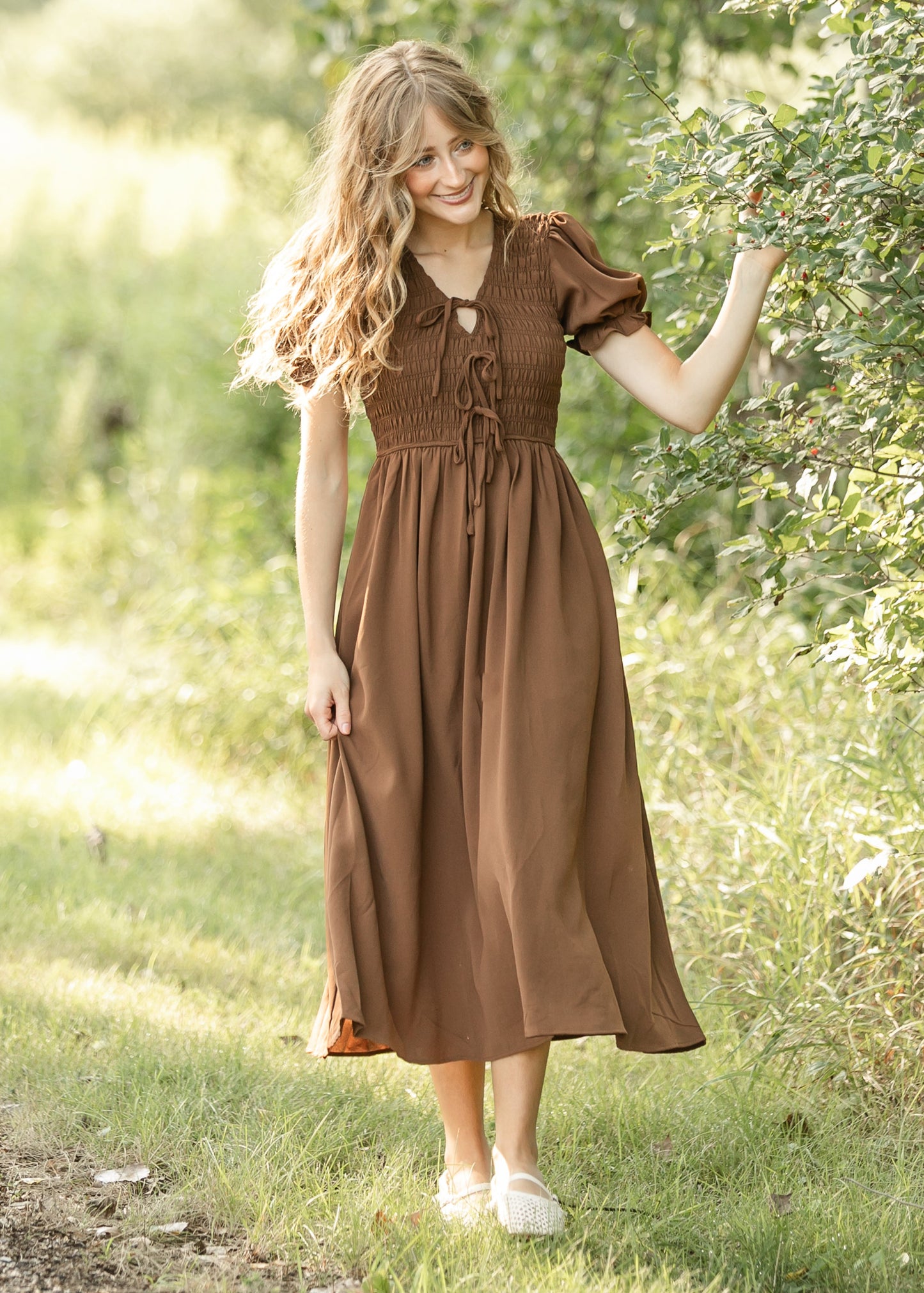 V-neck Smocked Front Tie Midi Dress FF Dresses