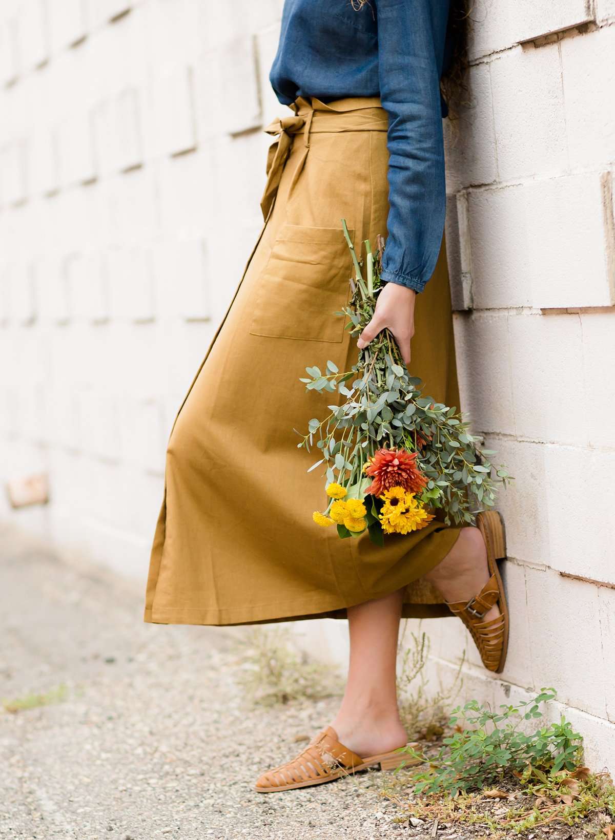 Waist Tie Pocket Midi Skirt Skirts