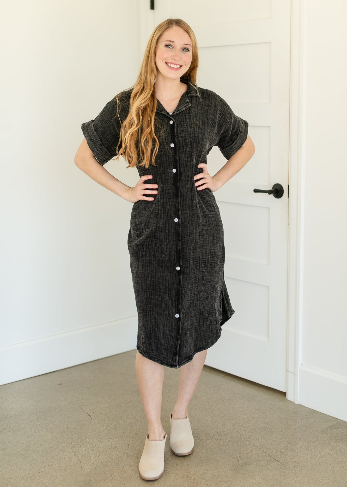 Washed Cotton Gauze Button Down Midi Dress FF Dresses