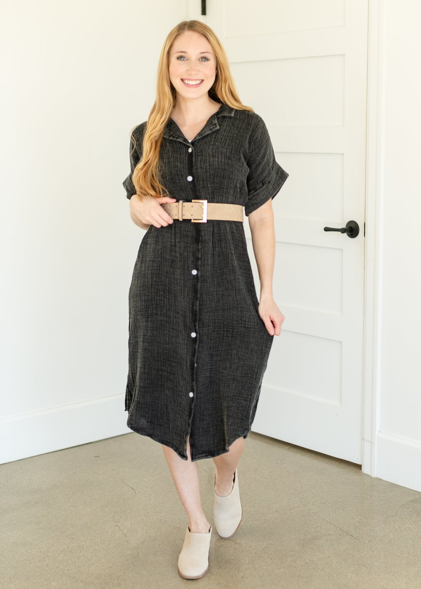 Washed Cotton Gauze Button Down Midi Dress FF Dresses