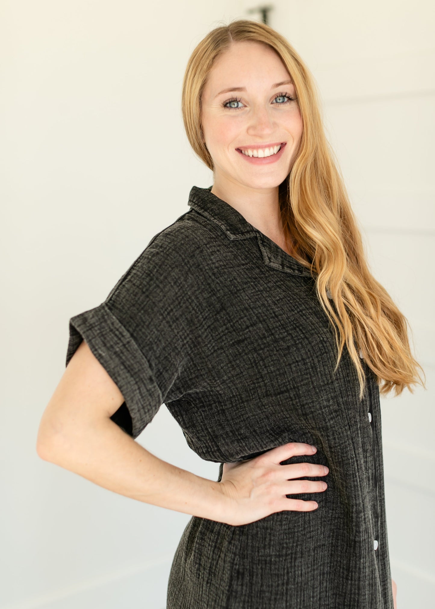 Washed Cotton Gauze Button Down Midi Dress FF Dresses