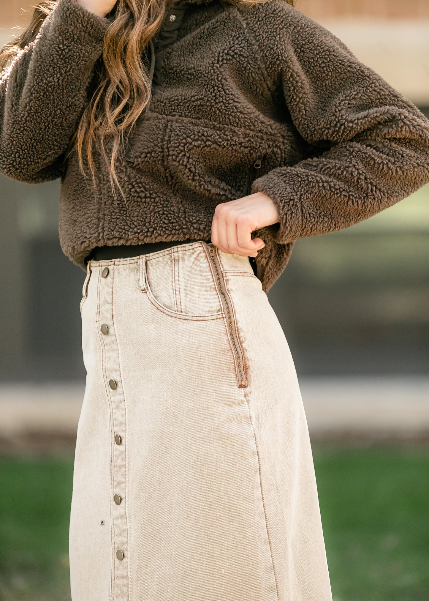 Washed Front Slit Denim Maxi Skirt FF Skirts