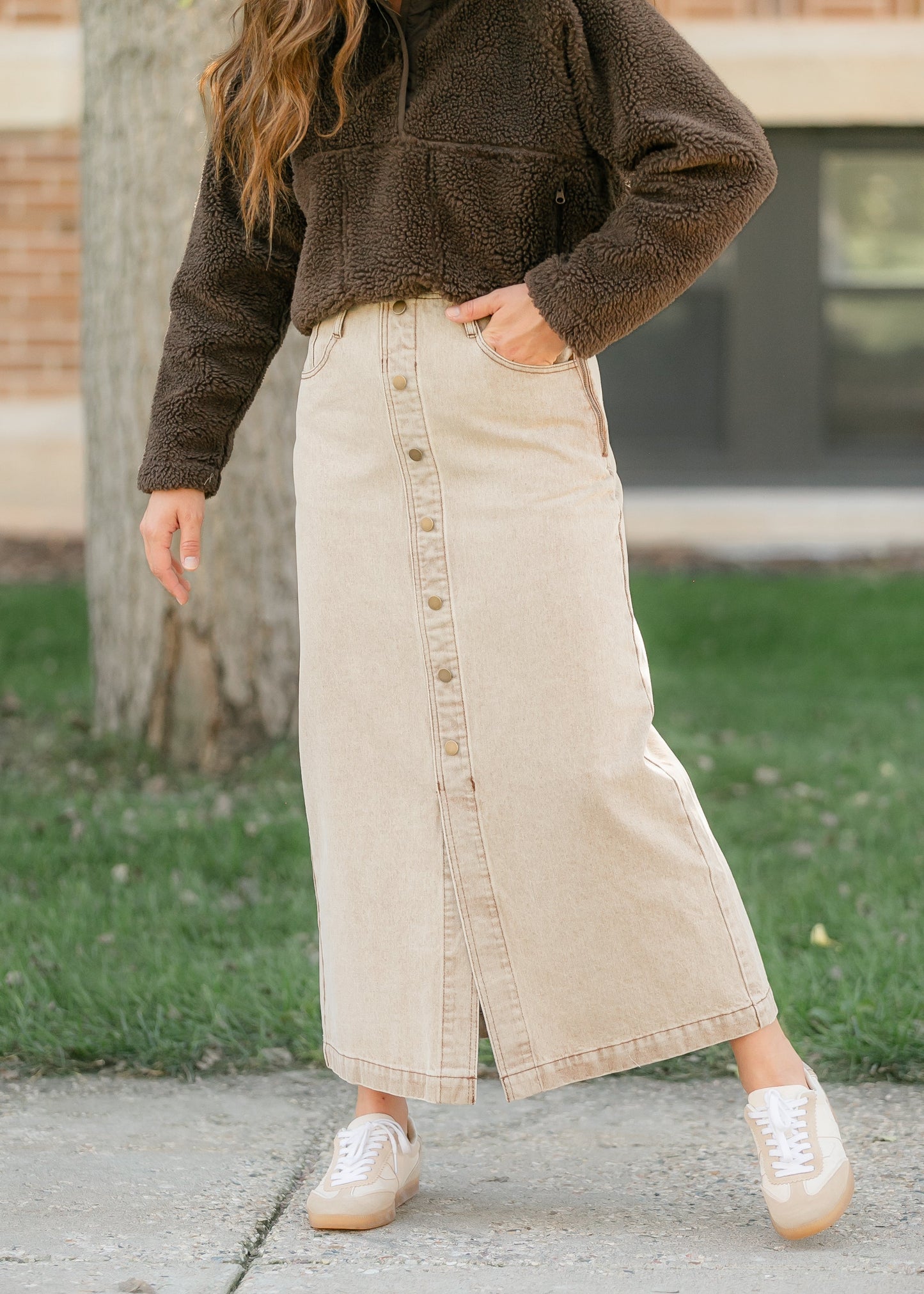 Washed Front Slit Denim Maxi Skirt FF Skirts