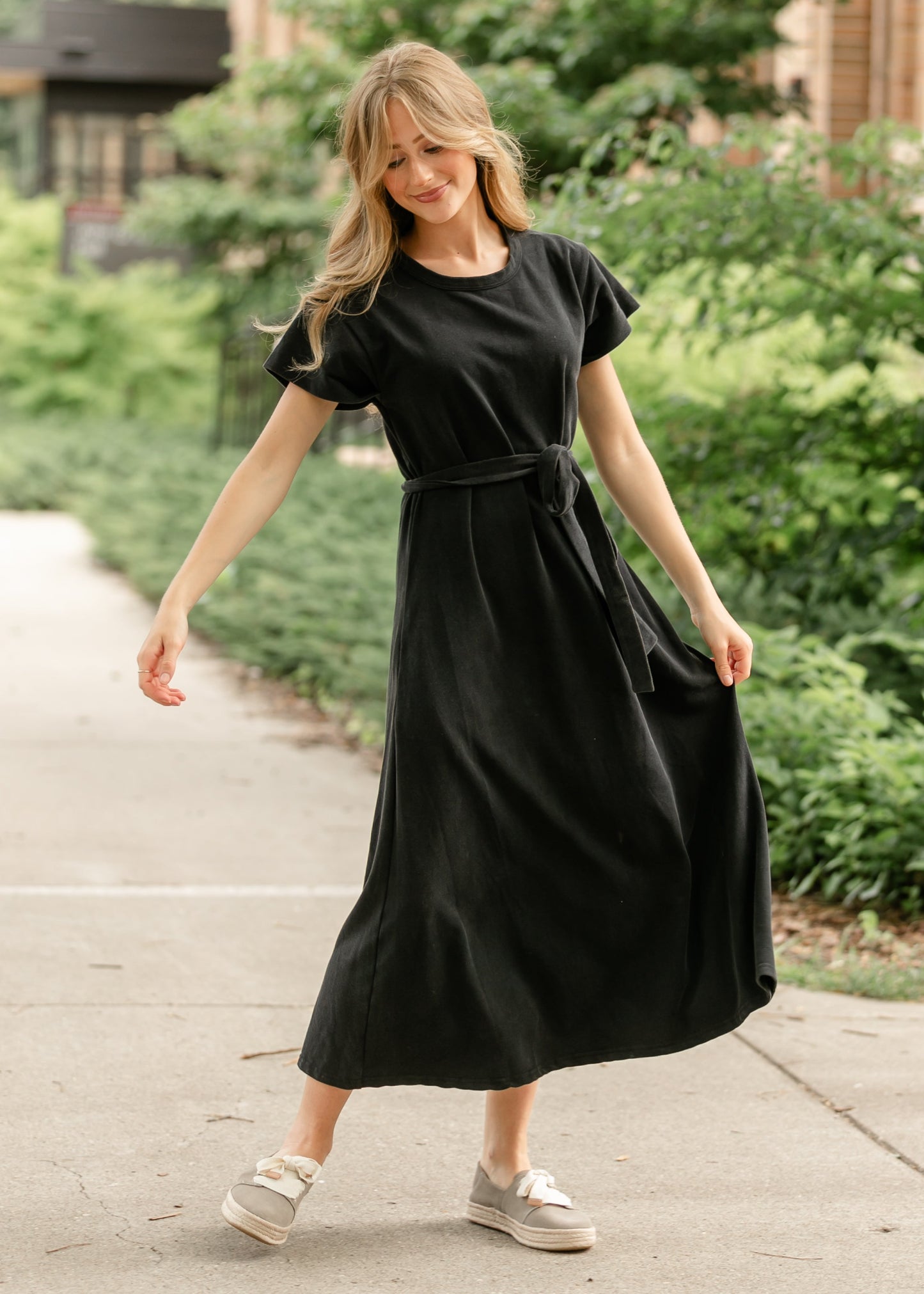 Washed Knit Waist Tie Midi Dress FF Dresses