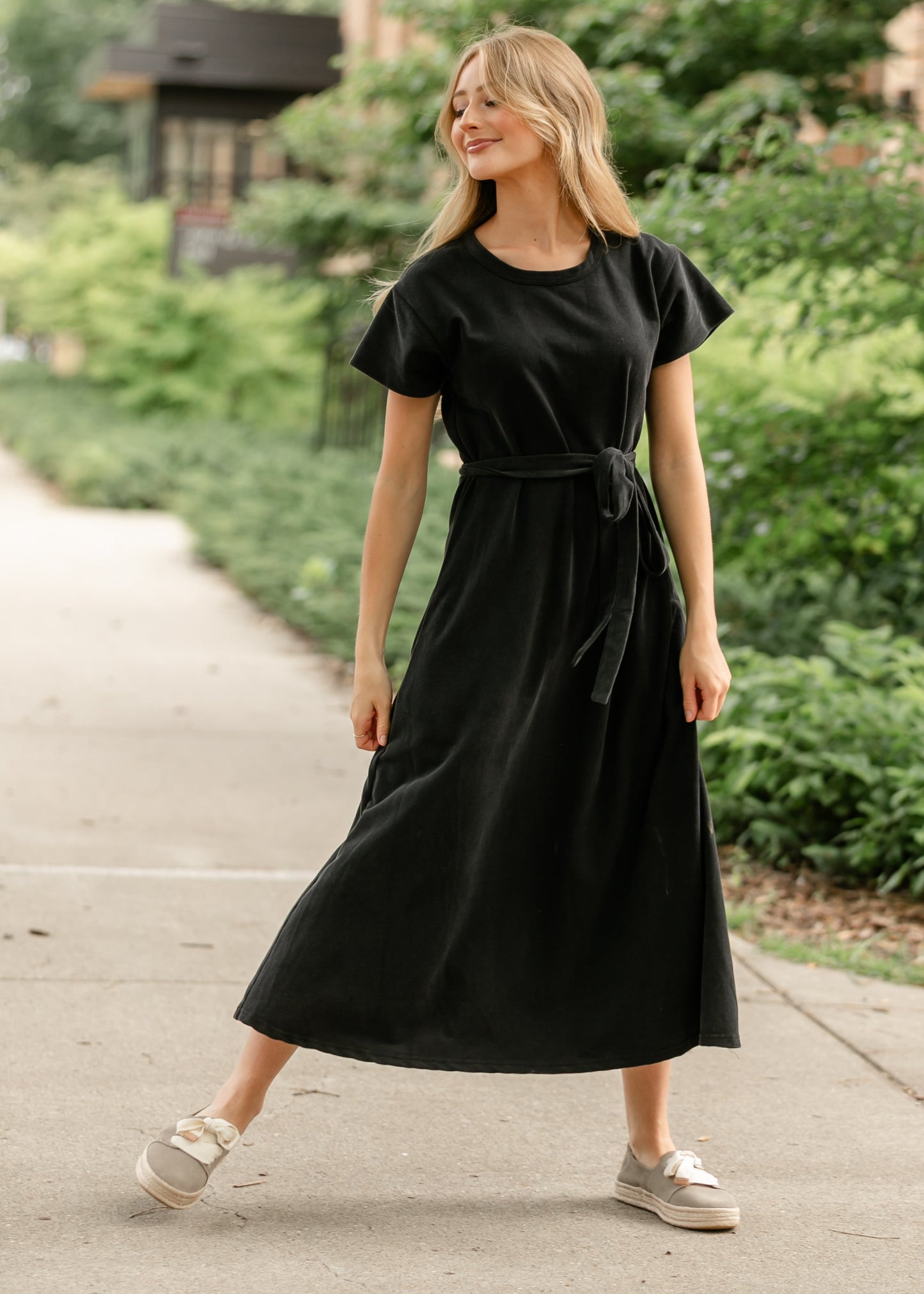 Washed Knit Waist Tie Midi Dress FF Dresses Black / S