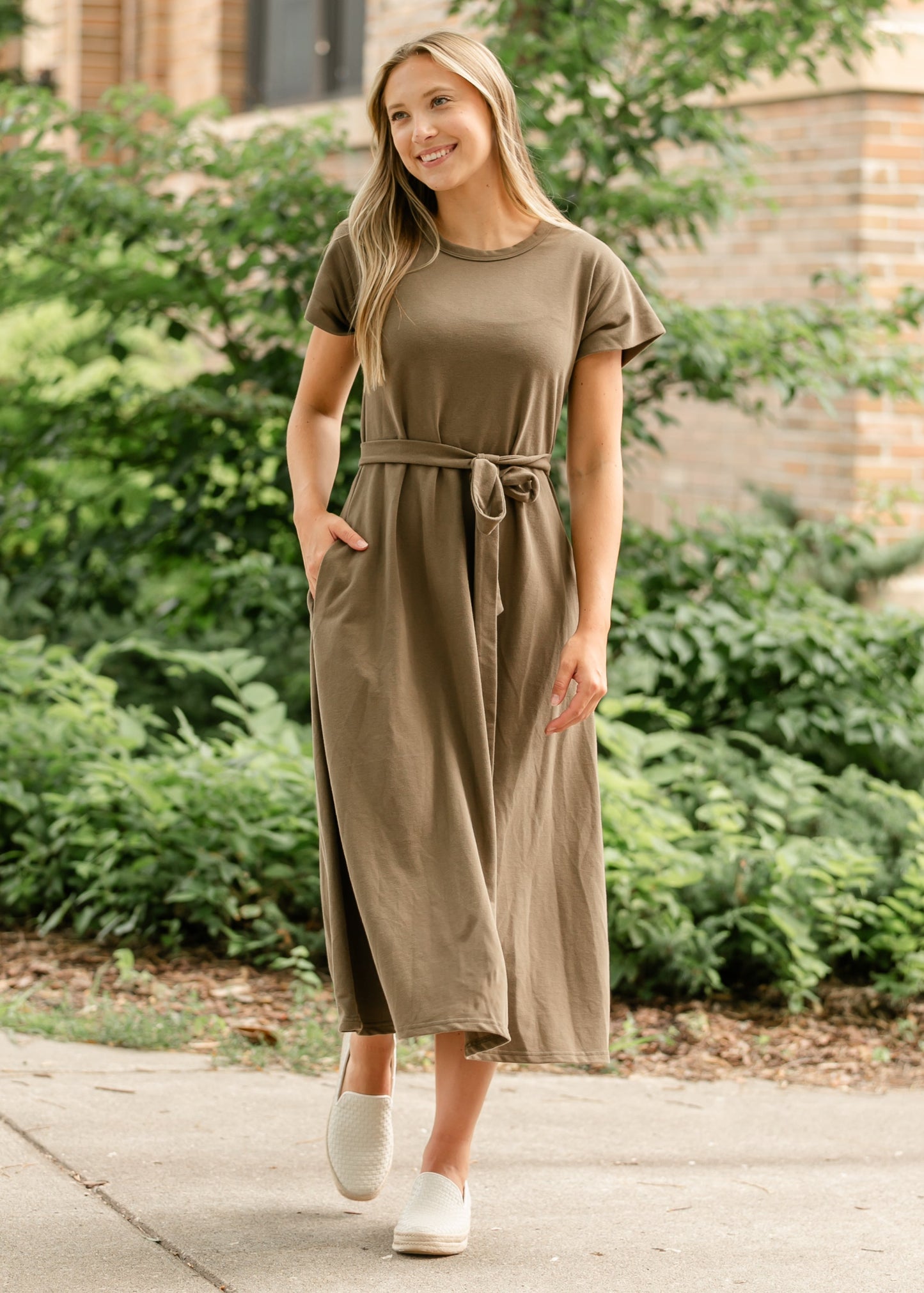 Washed Knit Waist Tie Midi Dress FF Dresses Olive / S