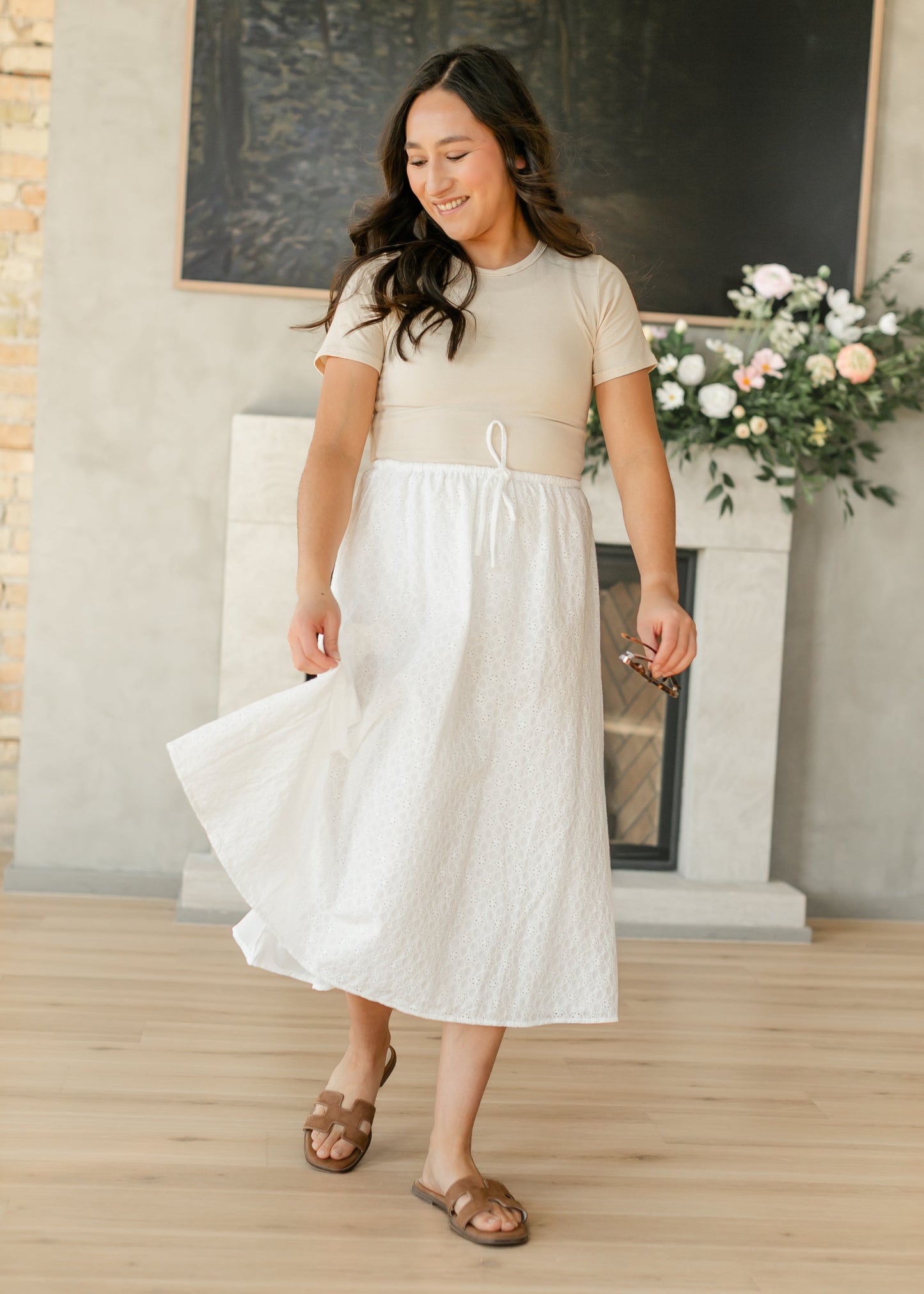 White Eyelet Lace Drawstring Midi Skirt FF Skirts