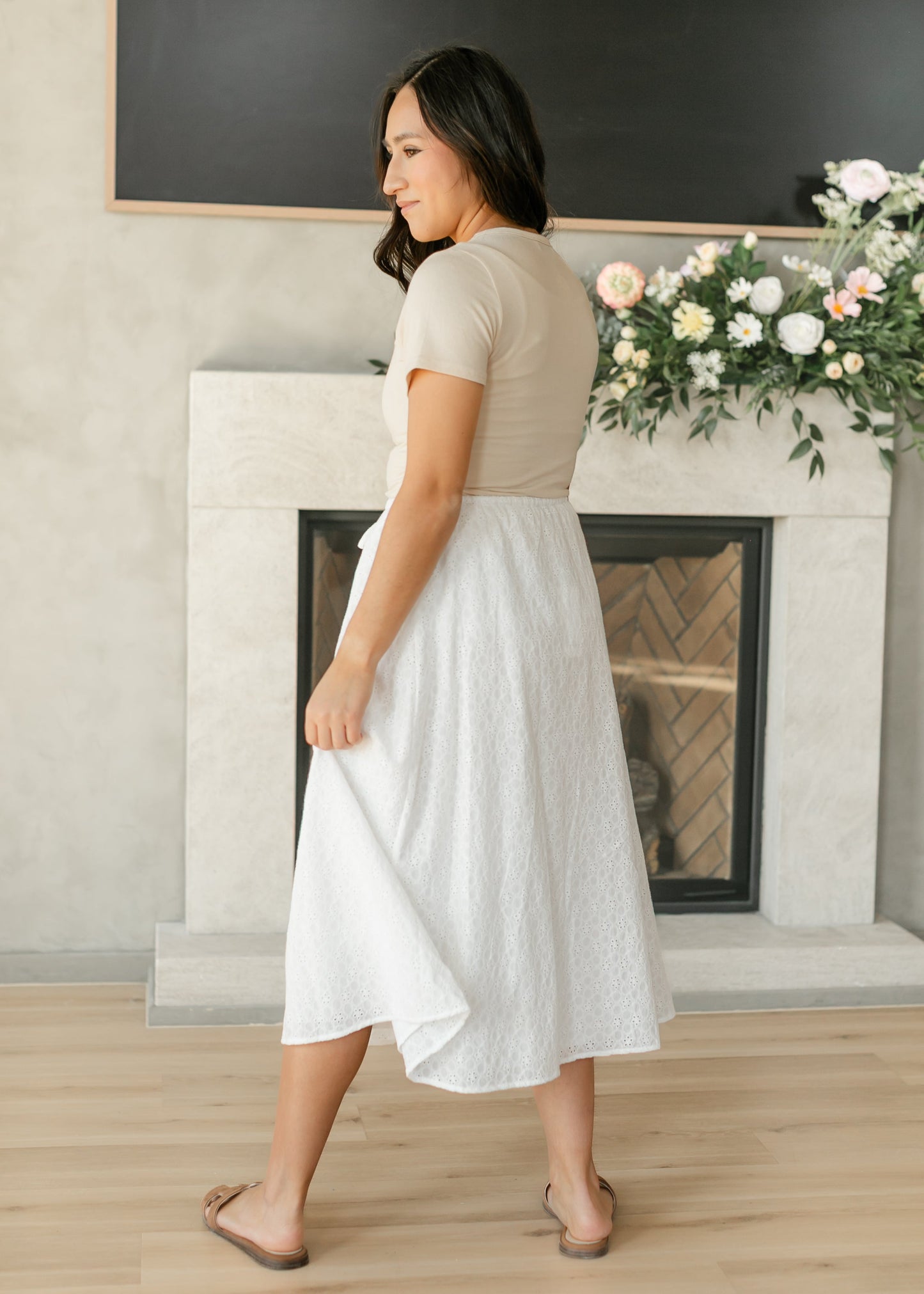 White Eyelet Lace Drawstring Midi Skirt FF Skirts