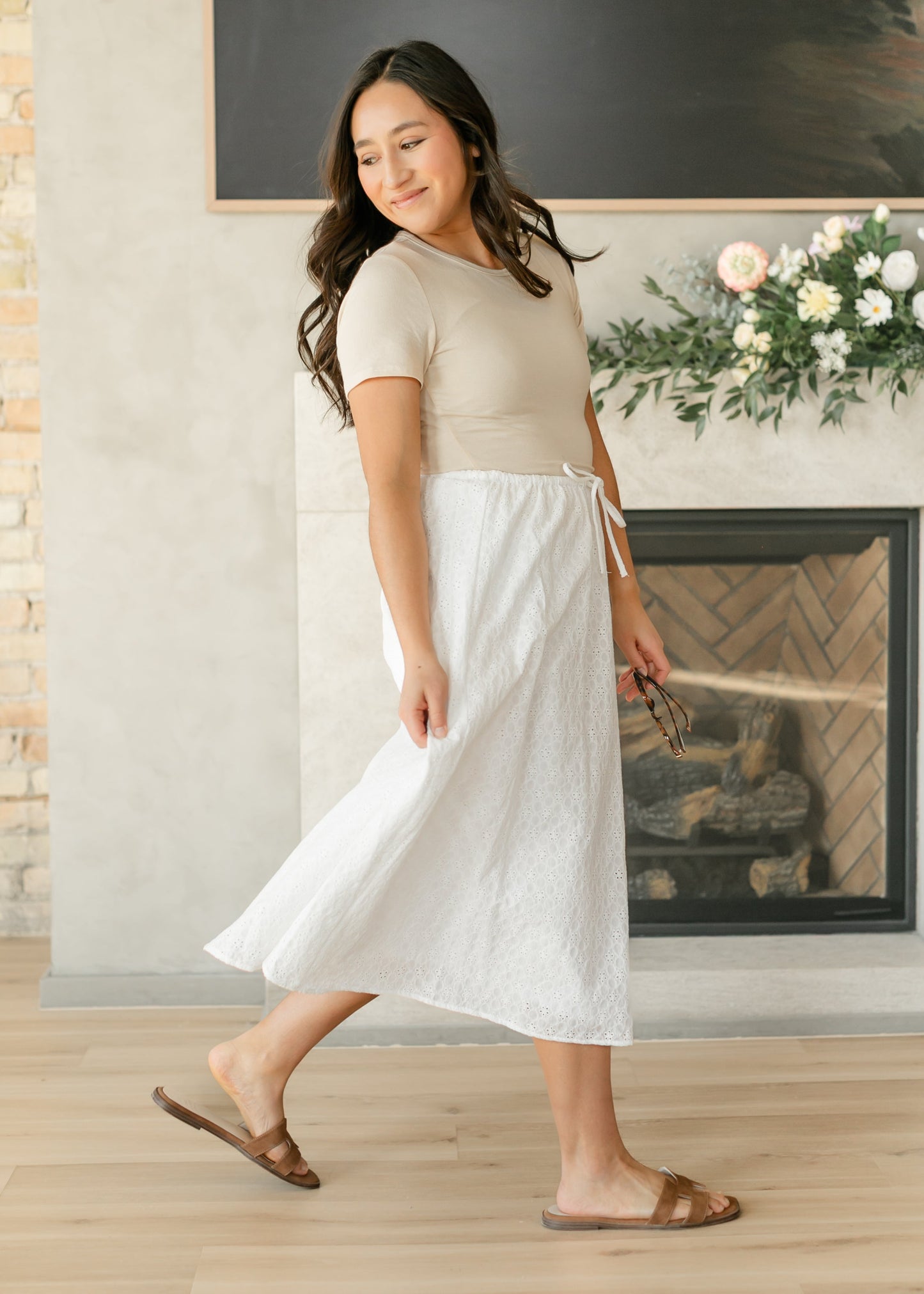 White Eyelet Lace Drawstring Midi Skirt FF Skirts