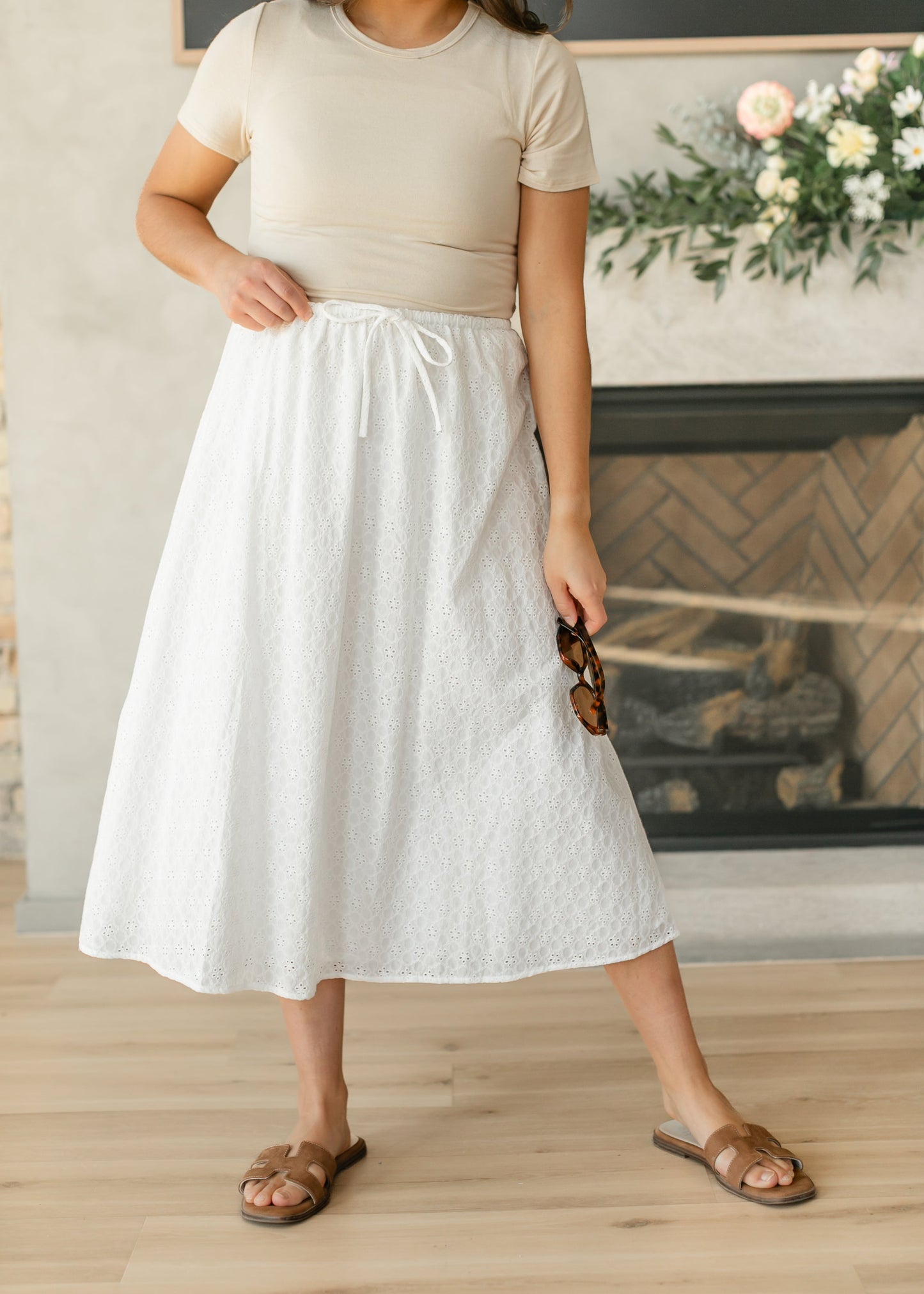 White Eyelet Lace Drawstring Midi Skirt FF Skirts