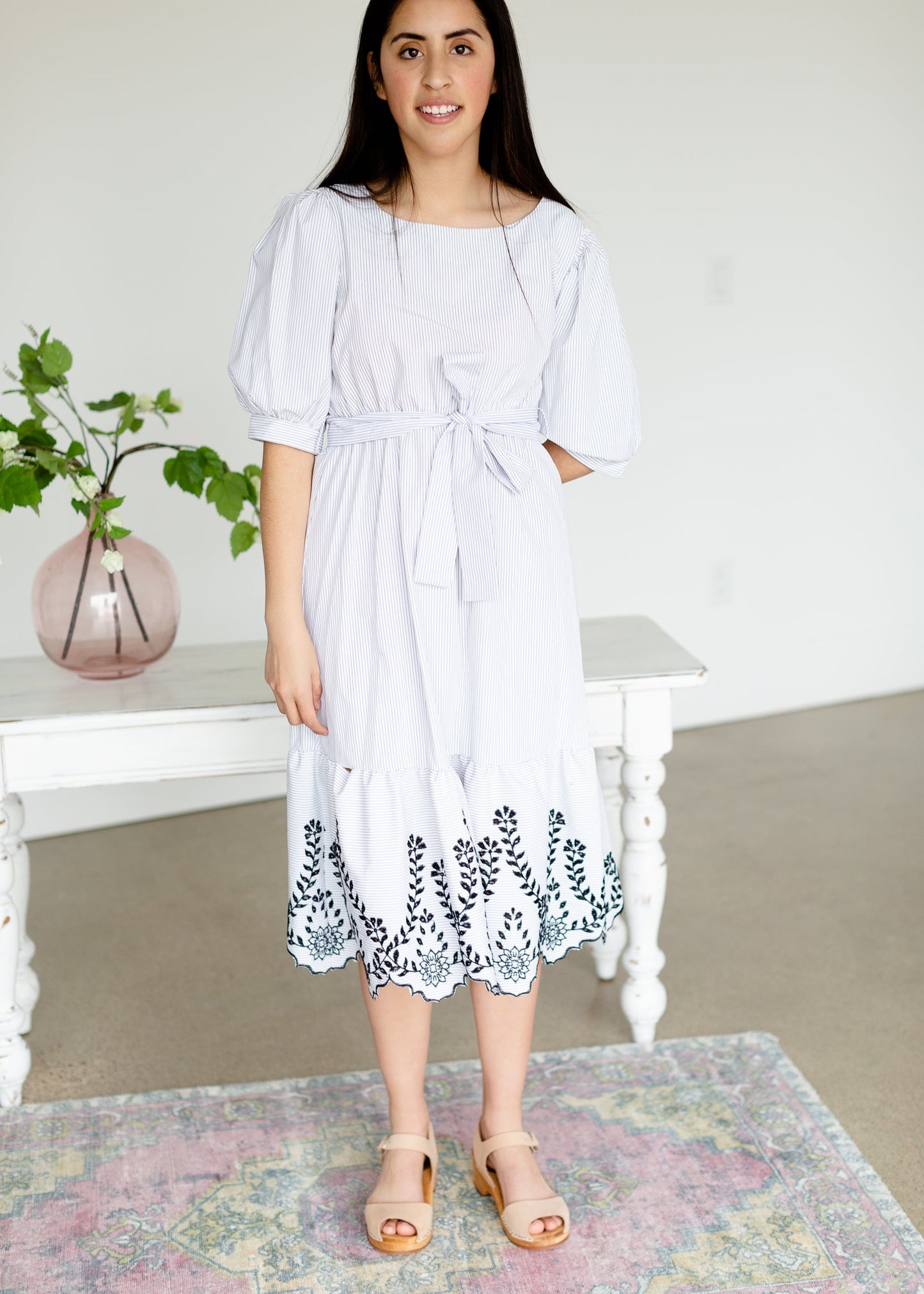White Striped Belted Lace Hem Midi Dress - FINAL SALE FF Dresses