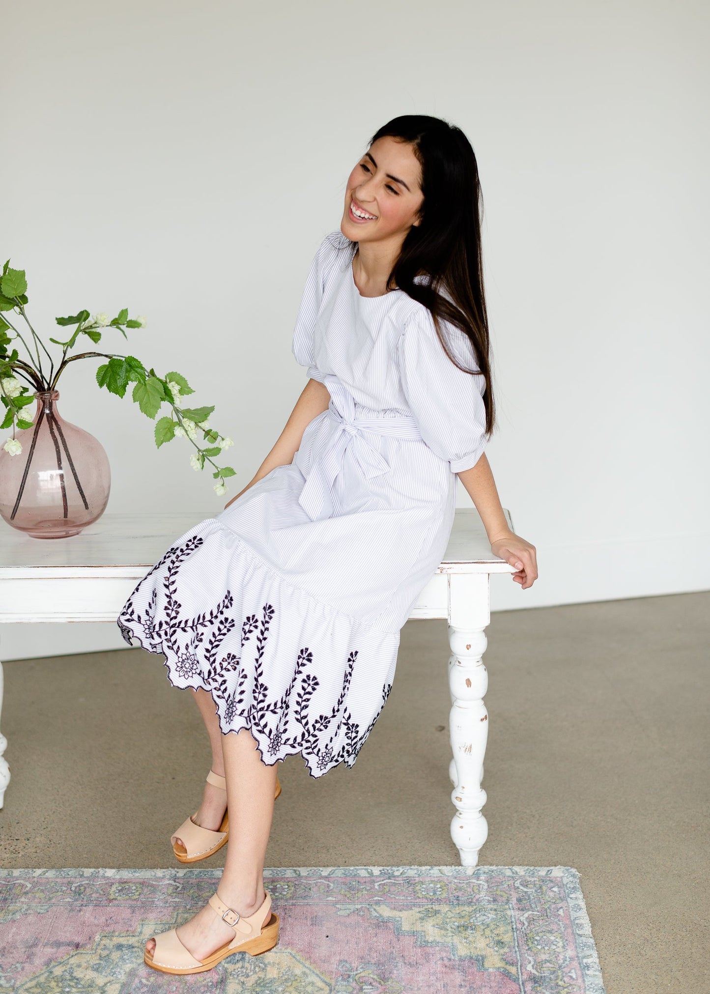 White Striped Belted Lace Hem Midi Dress - FINAL SALE FF Dresses