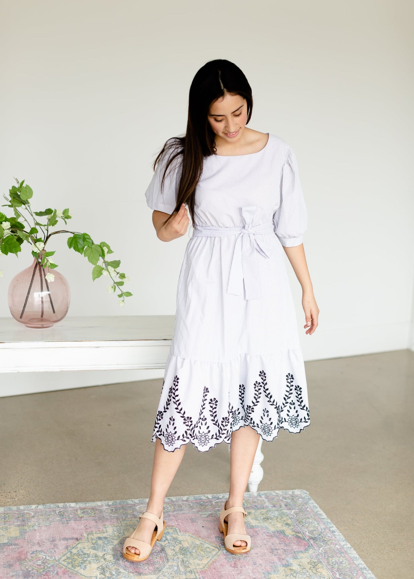 White Striped Belted Lace Hem Midi Dress - FINAL SALE FF Dresses