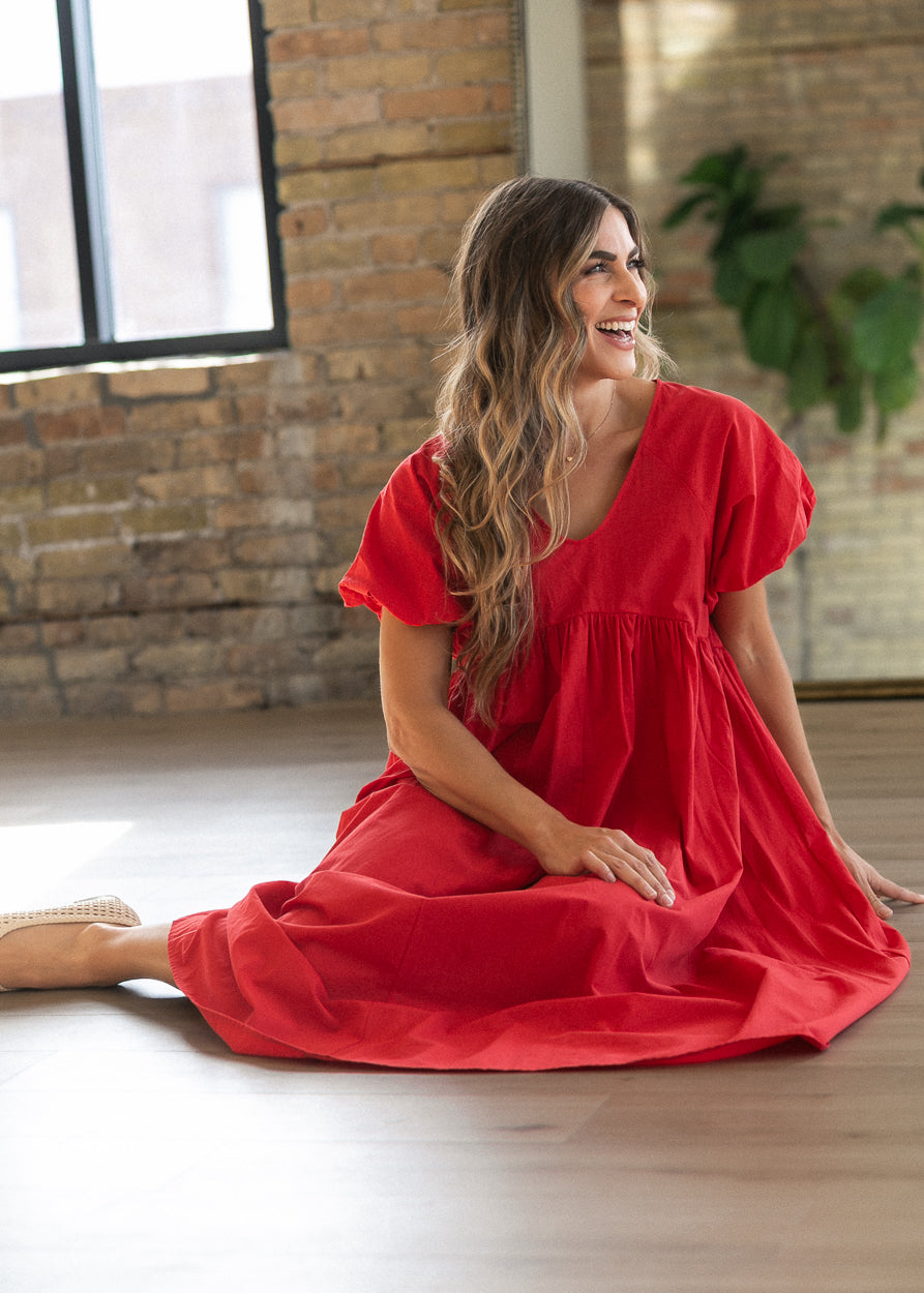 Woven Cotton V-Neck Puff Sleeve Maxi Dress FF Dresses