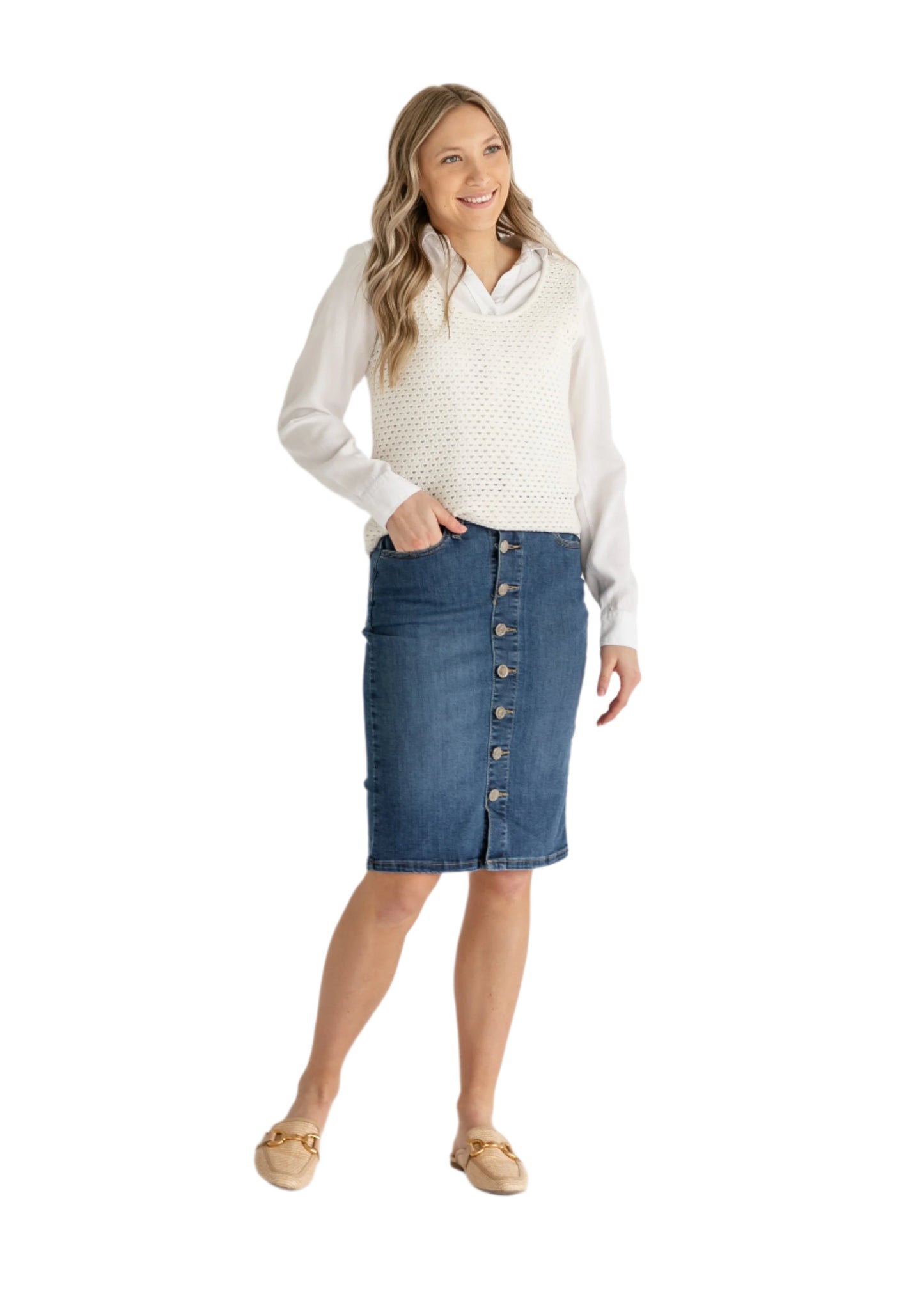 Zana Front Button Denim Midi Skirt IC Skirts