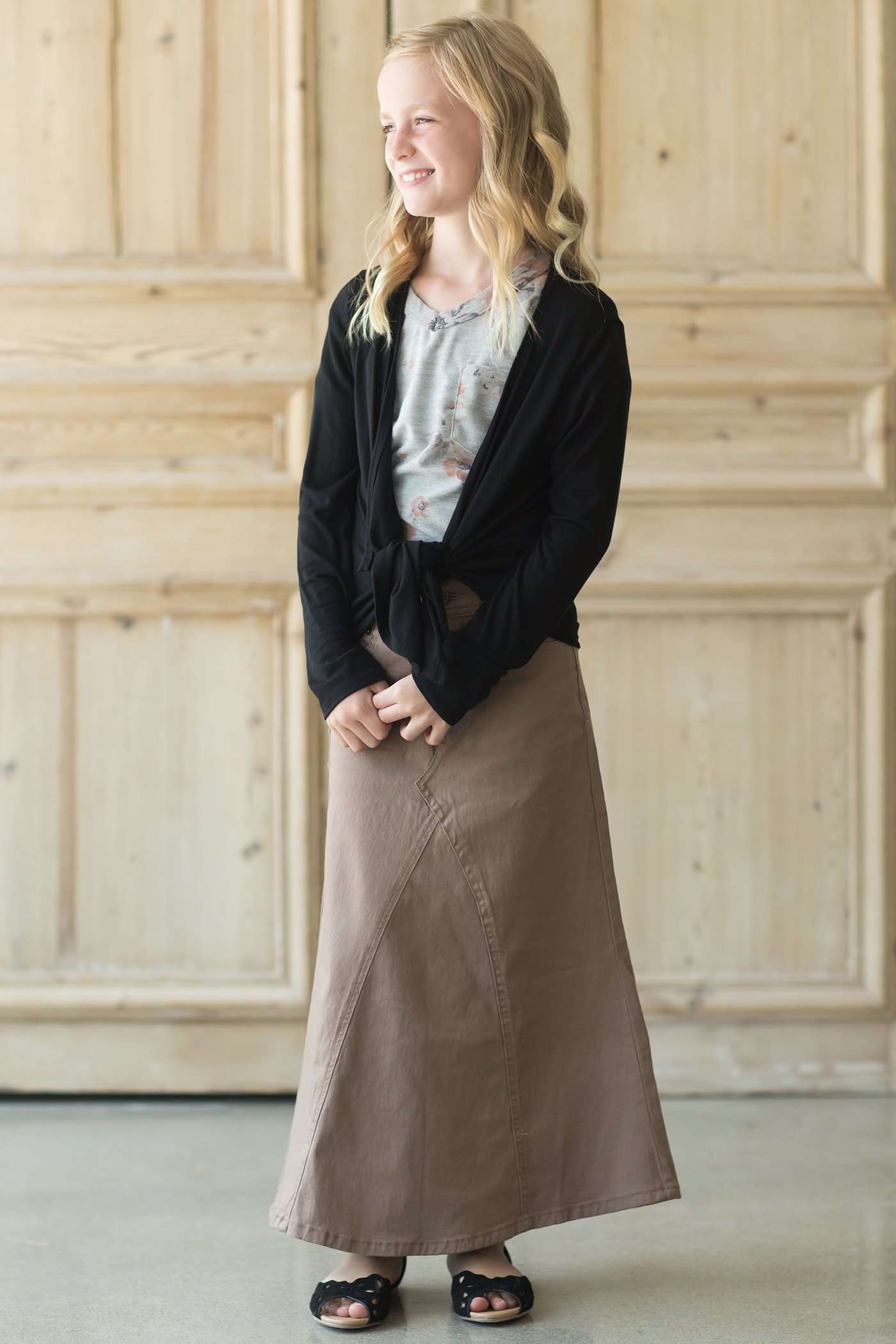 Modest girl's long khaki skirt. A-line insert for a flowy, fun look.