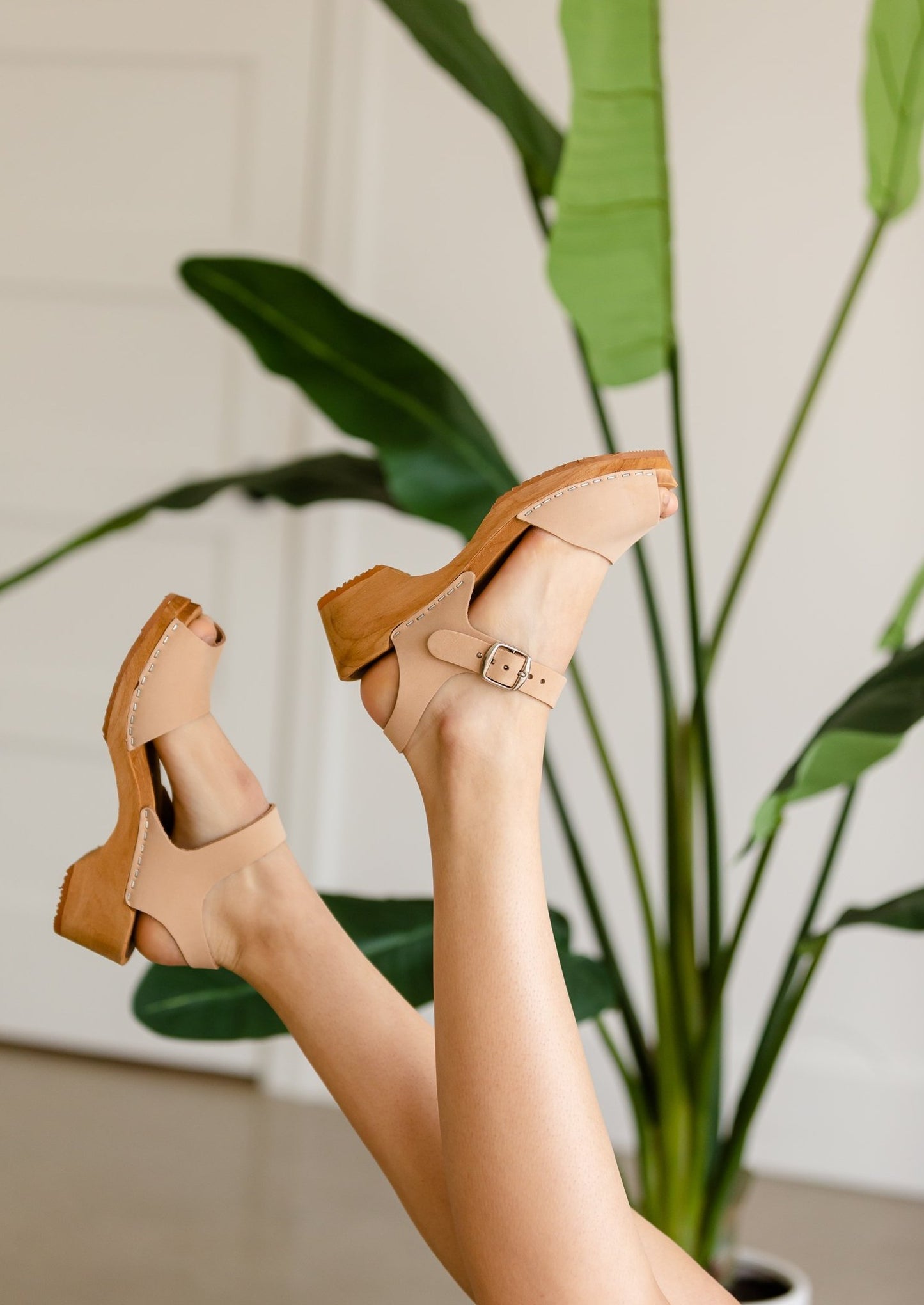 Anja Natural Wood Peeptoe Clogs Shoes MIA