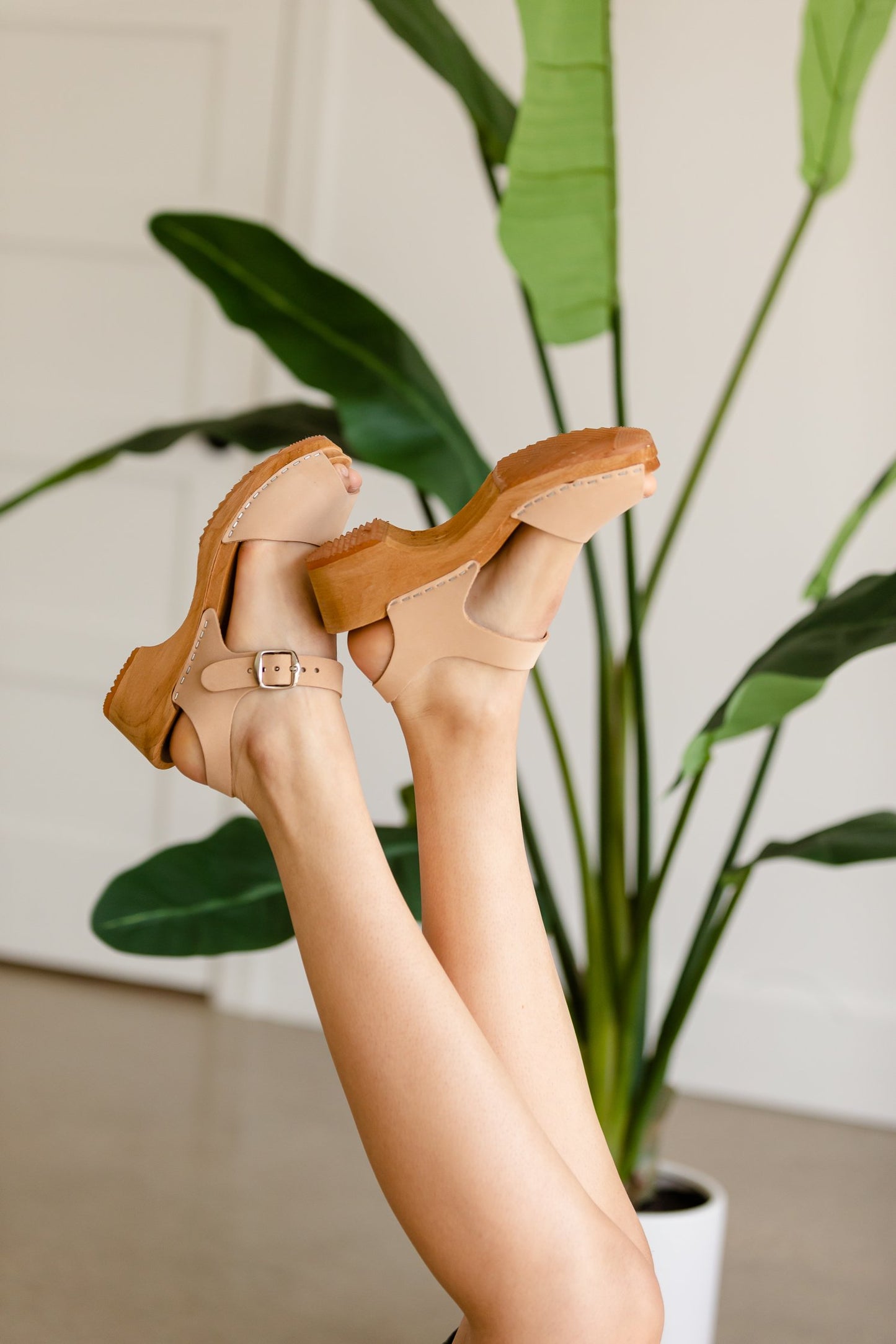 Anja Natural Wood Peeptoe Clogs Shoes MIA