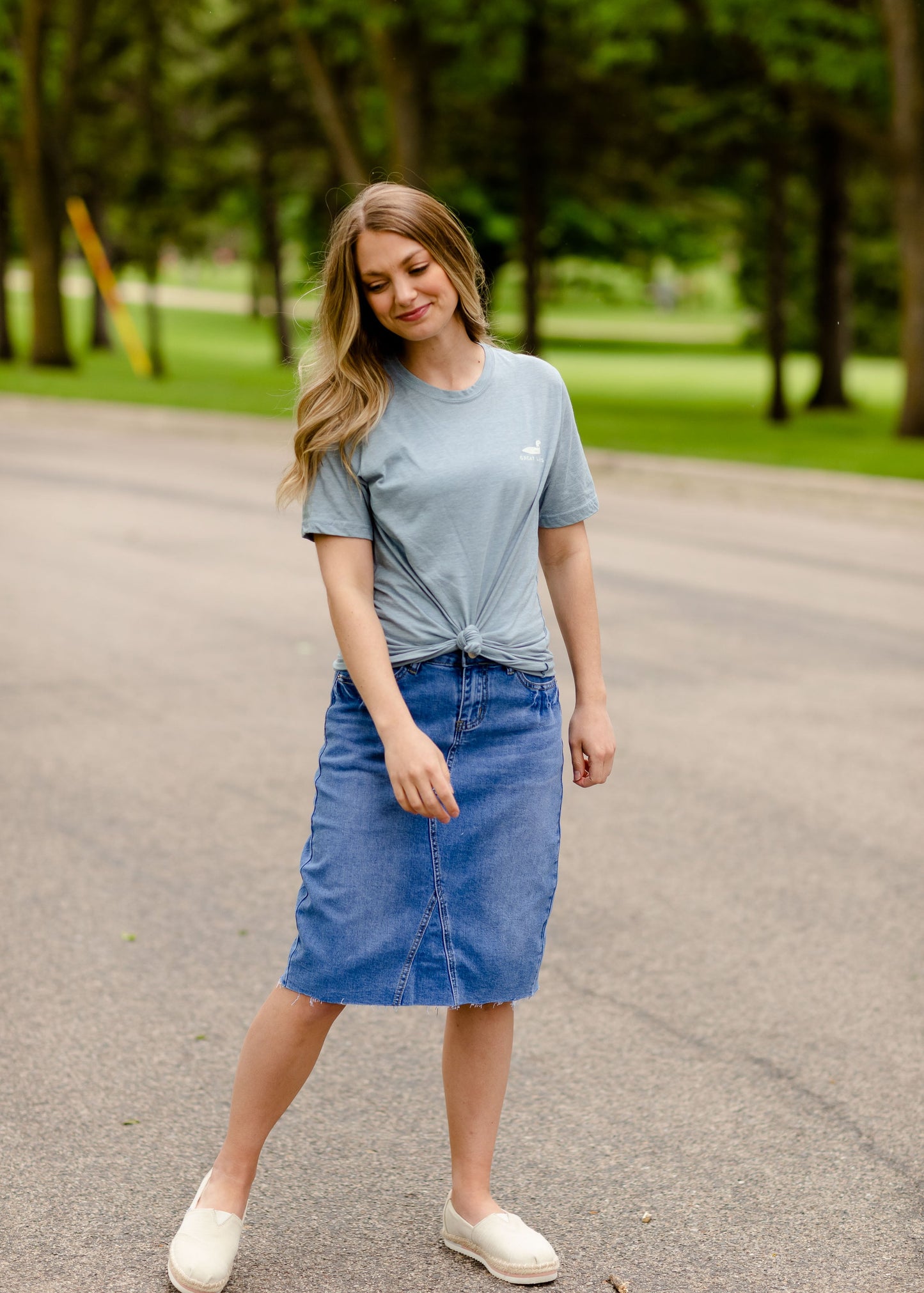 Anya Raw Hem Medium Wash Midi Skirt Skirts