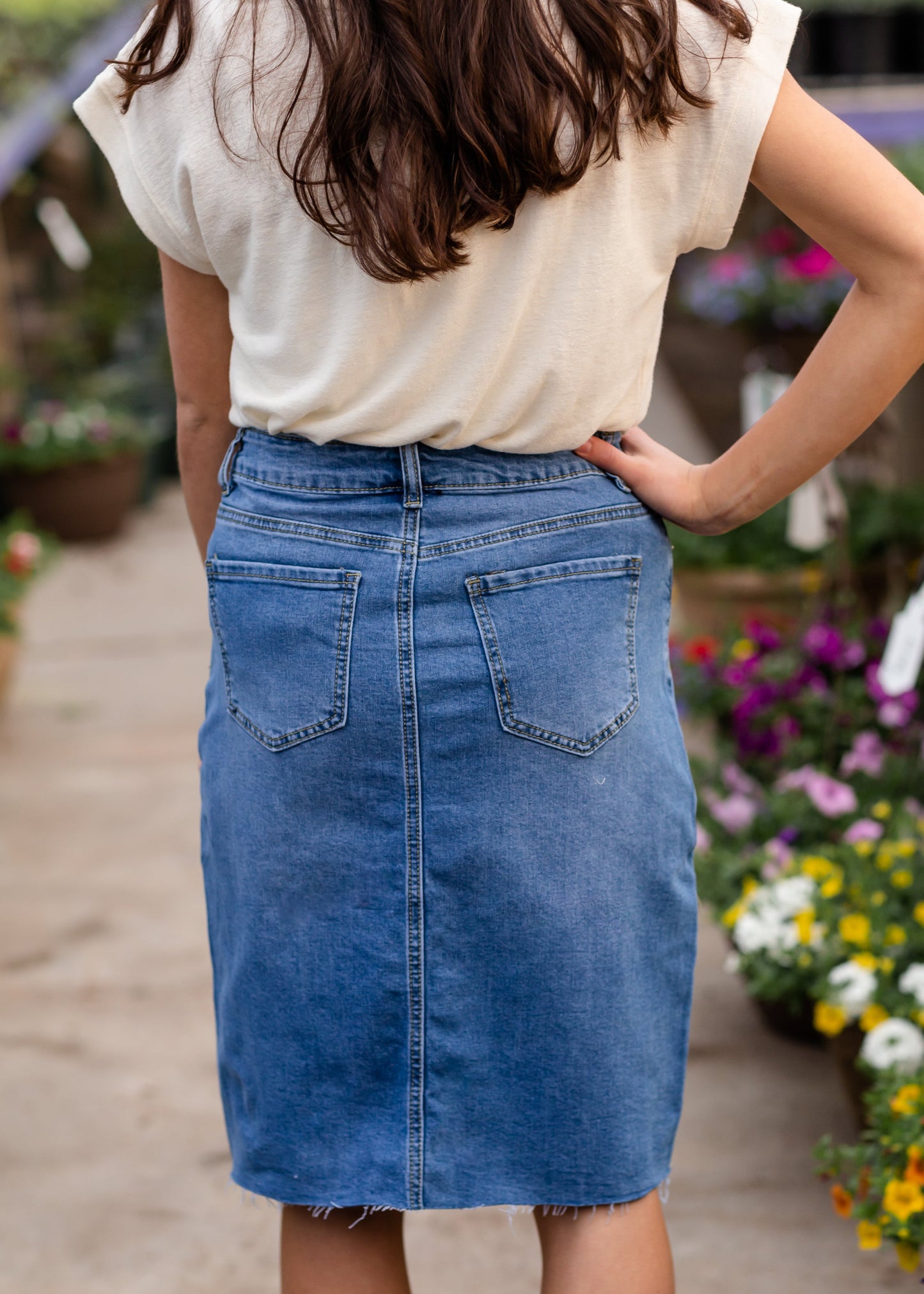 Anya Raw Hem Medium Wash Midi Skirt Skirts Inherit Co.