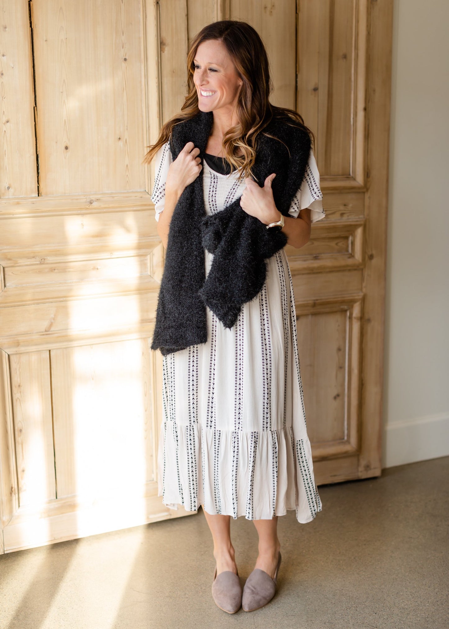 Aztec Print Smocking Midi Dress Dresses Hem & Thread Cream / S