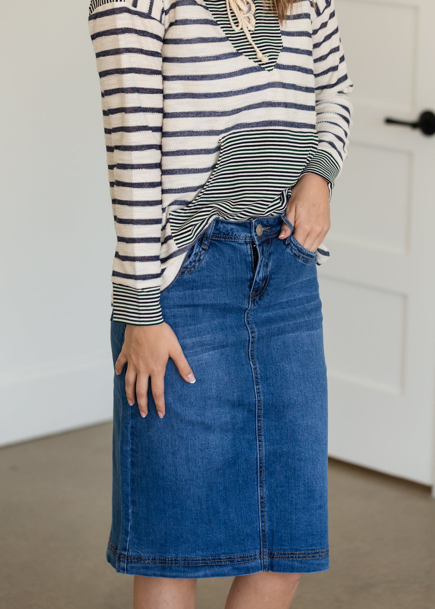 Bailee Triple Stitch Midi Denim Jean Skirt - FINAL SALE Skirts