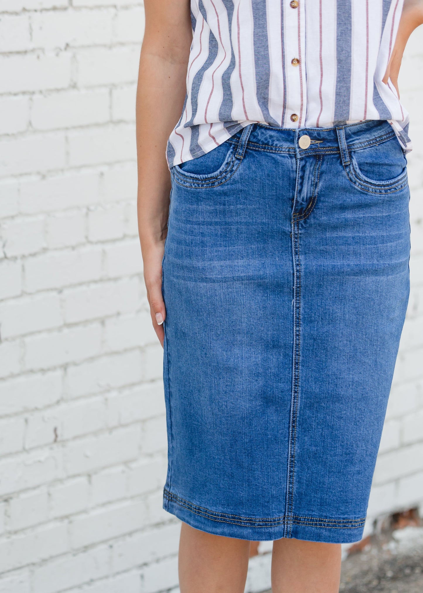 Bailee Triple Stitch Midi Denim Jean Skirt - FINAL SALE Skirts