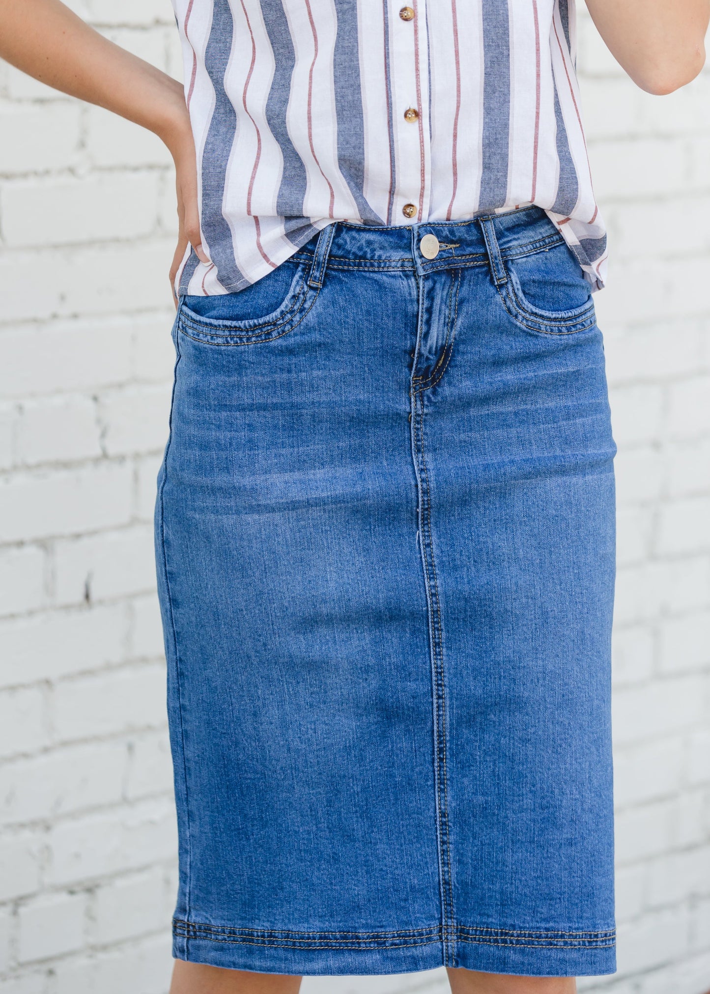 Bailee Triple Stitch Midi Denim Jean Skirt - FINAL SALE Skirts
