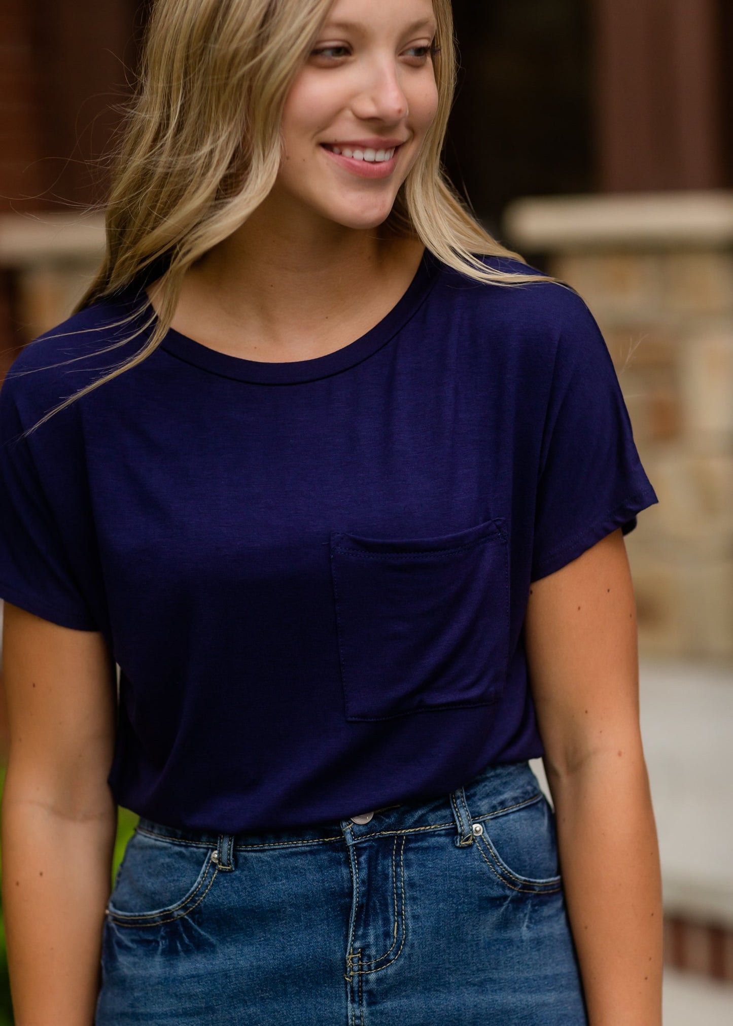 Basic Pocket Crewneck T-Shirt - FINAL SALE Tops Navy / S