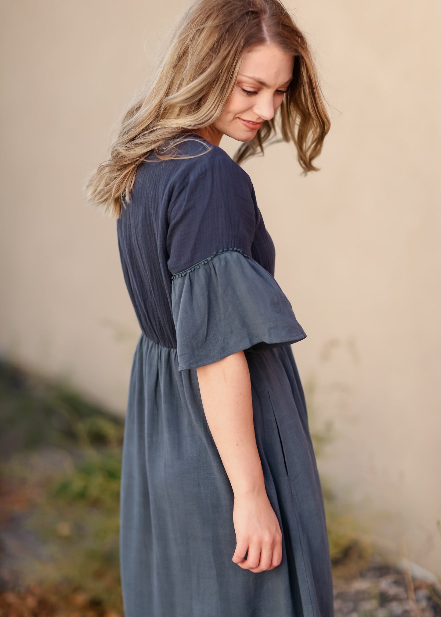 Bell Sleeve Babydoll Thread Detail Trim Midi Dress Dresses Tea N Rose