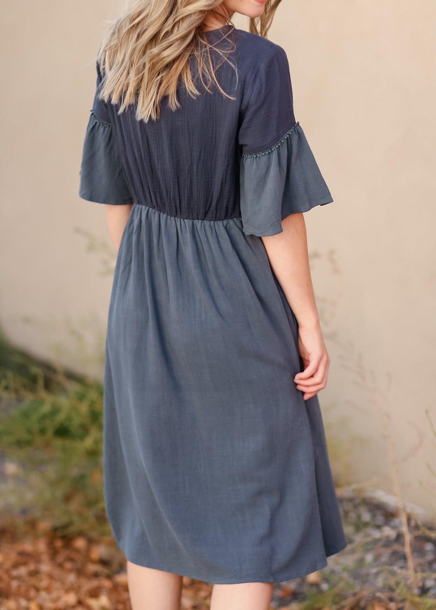 Bell Sleeve Babydoll Thread Detail Trim Midi Dress Dresses Tea N Rose