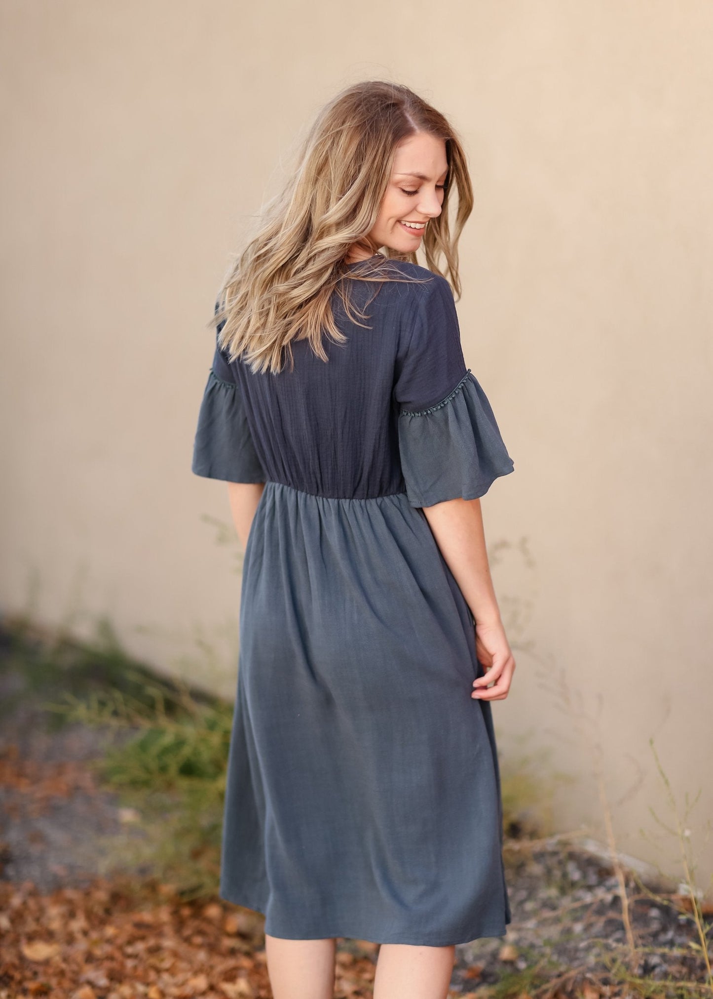 Bell Sleeve Babydoll Thread Detail Trim Midi Dress Dresses Tea N Rose