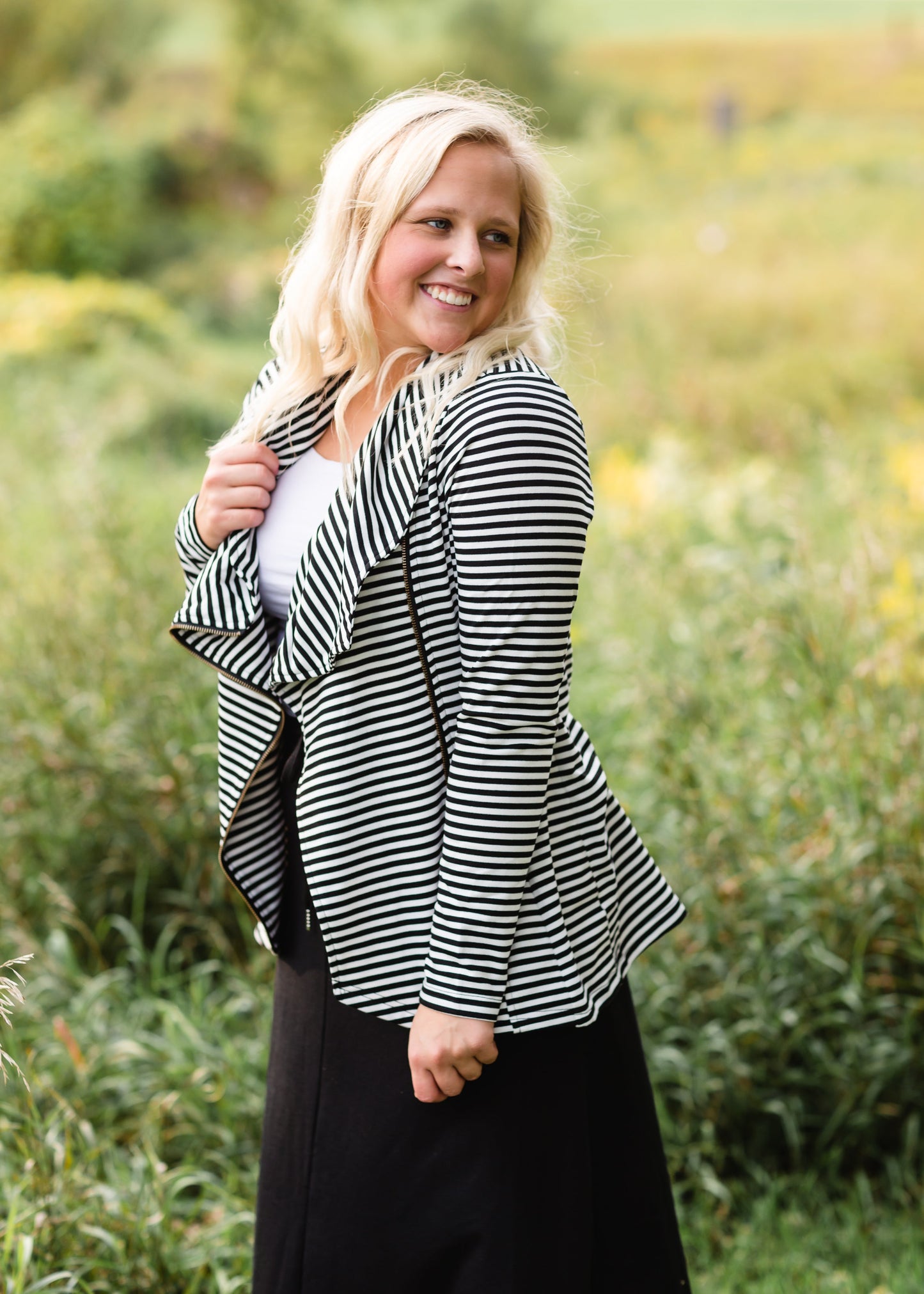 Black Asymmetrical Striped Zip Up - FINAL SALE Tops