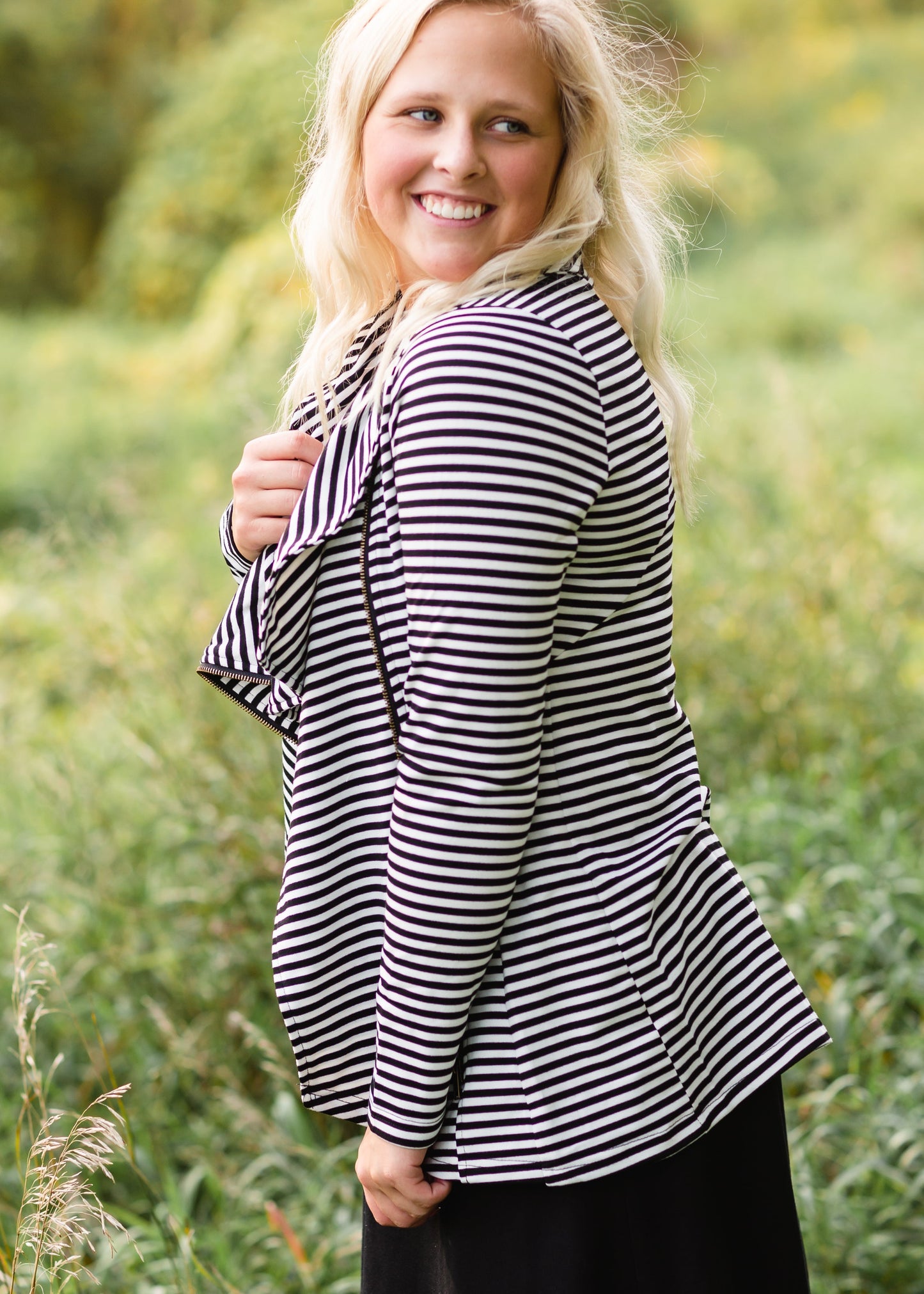 Black Asymmetrical Striped Zip Up - FINAL SALE Tops
