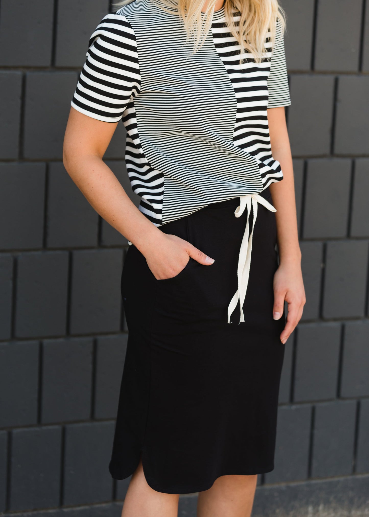Black Drawstring Midi Skirt Skirts